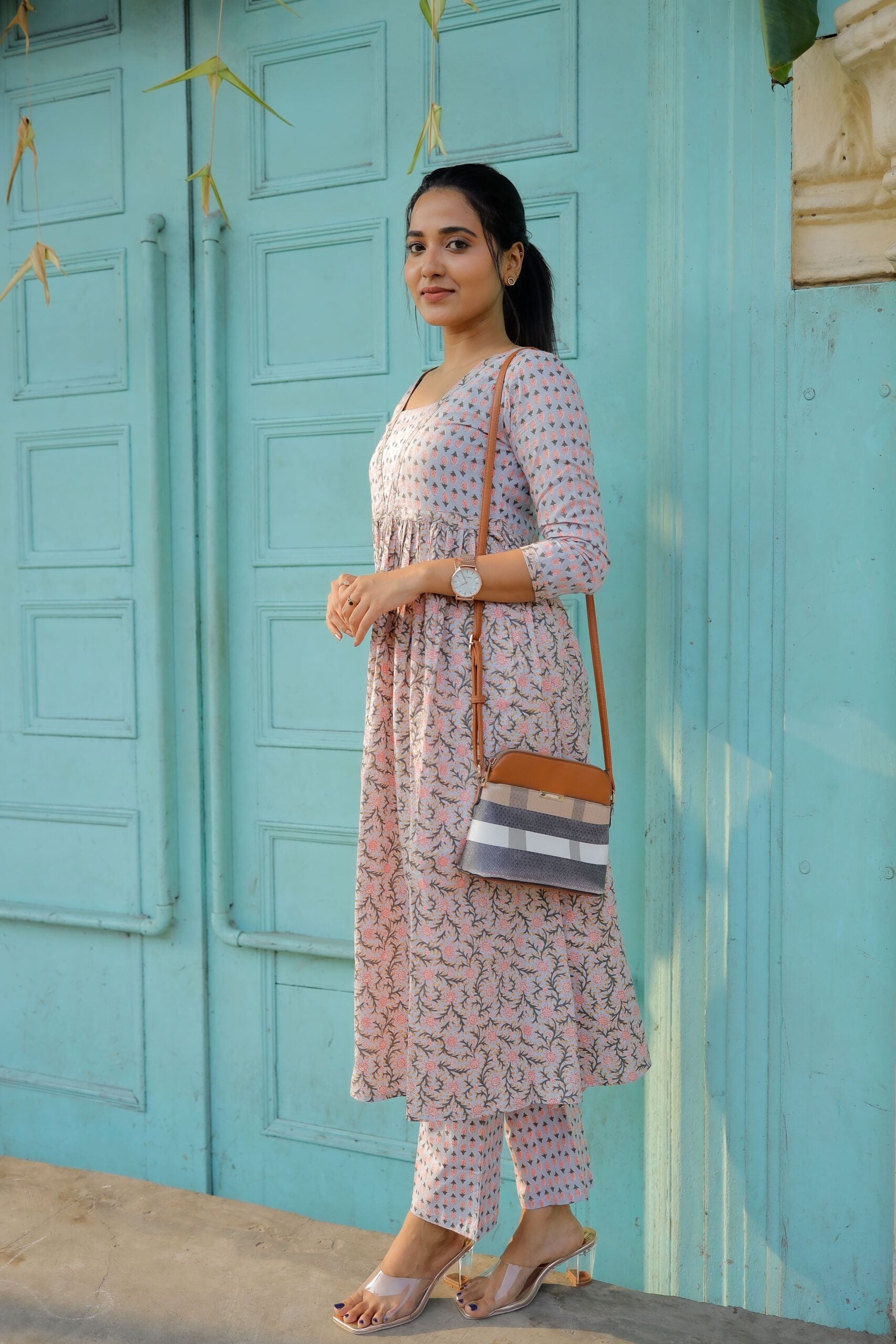 Tejaswi - pastel jaal printed A line cotton kurta set