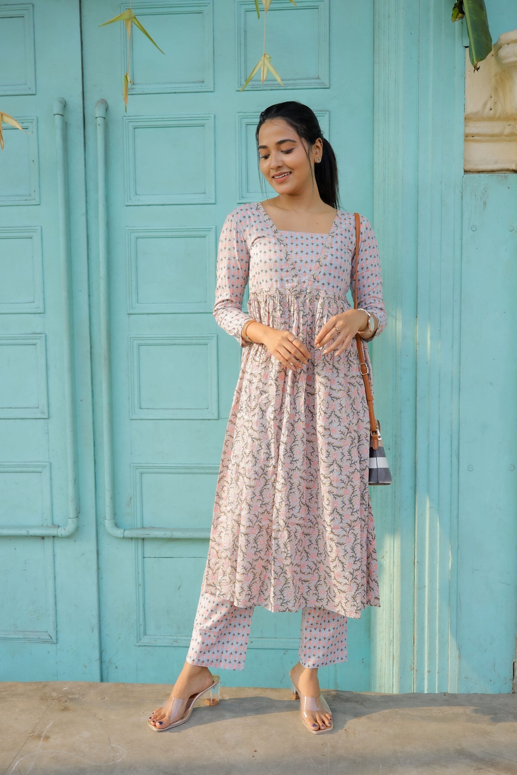 Tejaswi - pastel jaal printed A line cotton kurta set