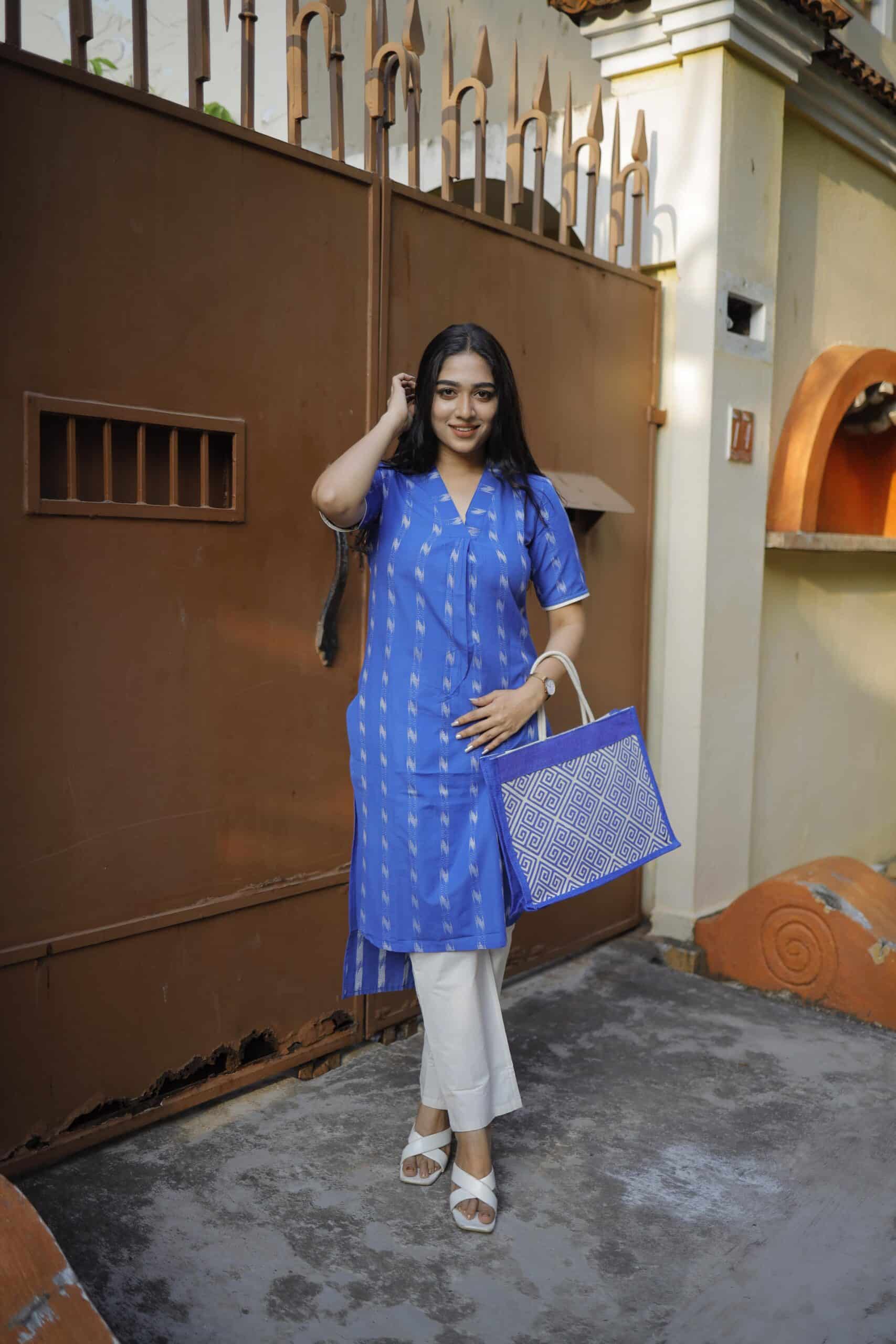 Budget Buys #6 - Ikkat cotton blend  kurta set in pepsi blue and white