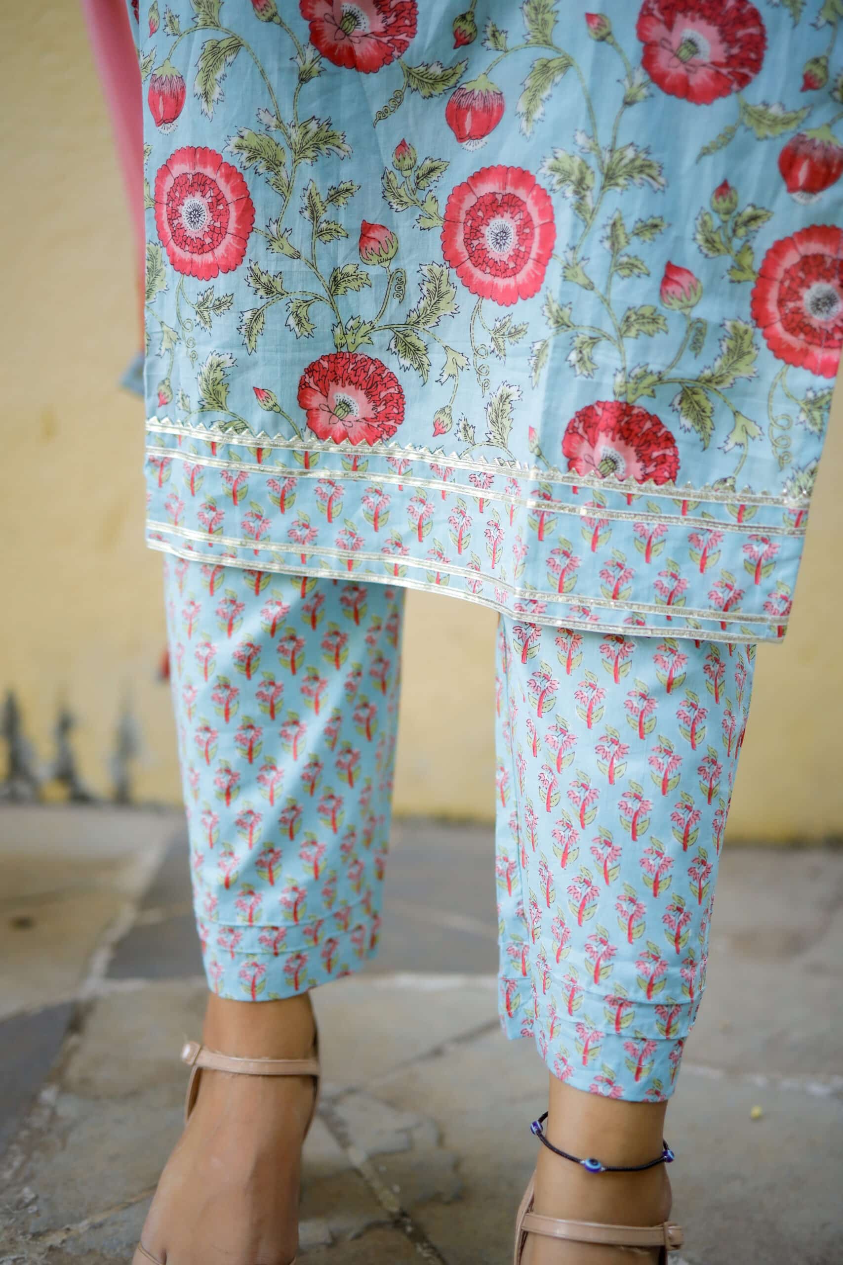 Bhoomika - Floral handblock printed organic cotton suit set in blue and pink