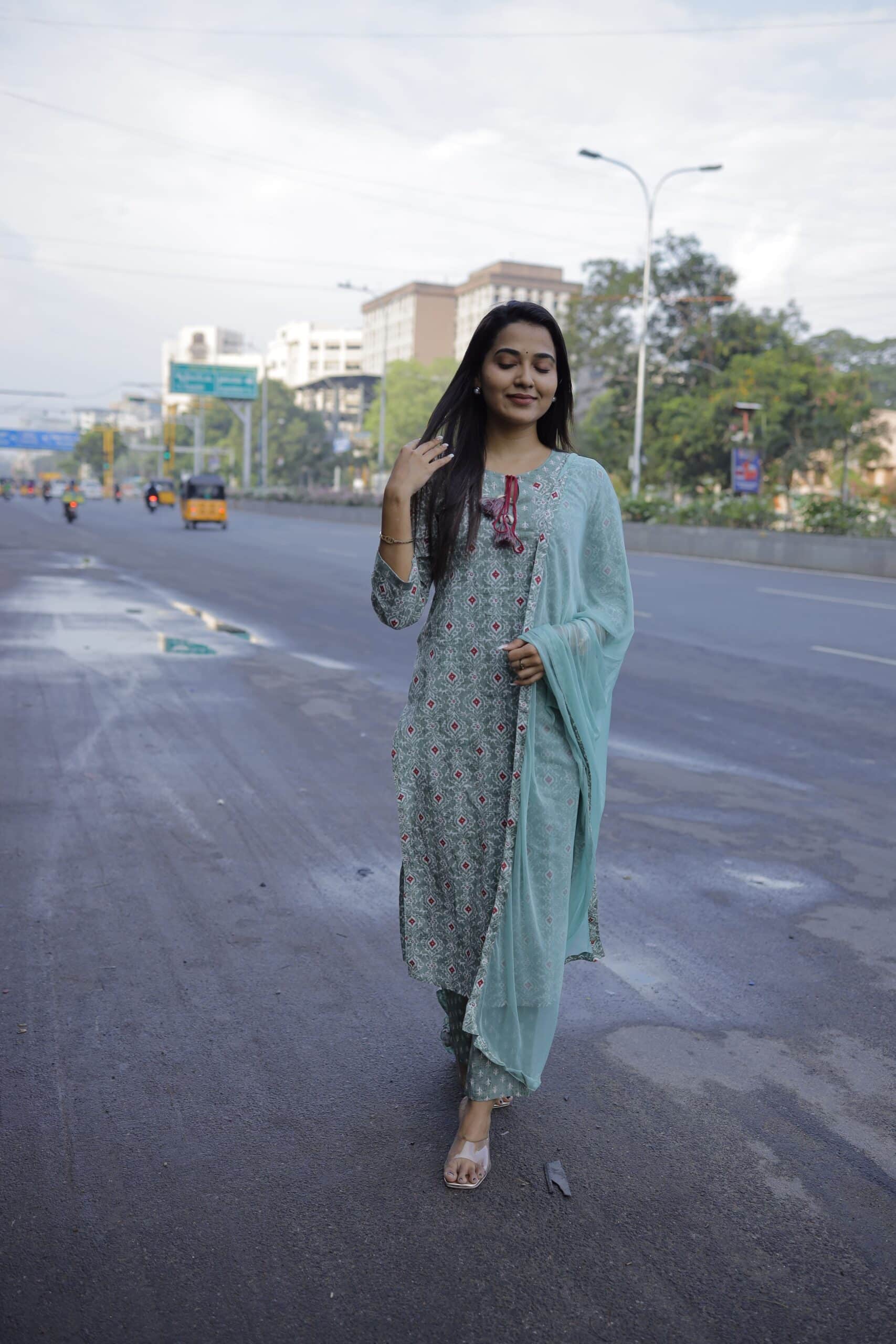 Sitalika - pastel green dabu handblock printed cotton suit set with chiffon dupatta