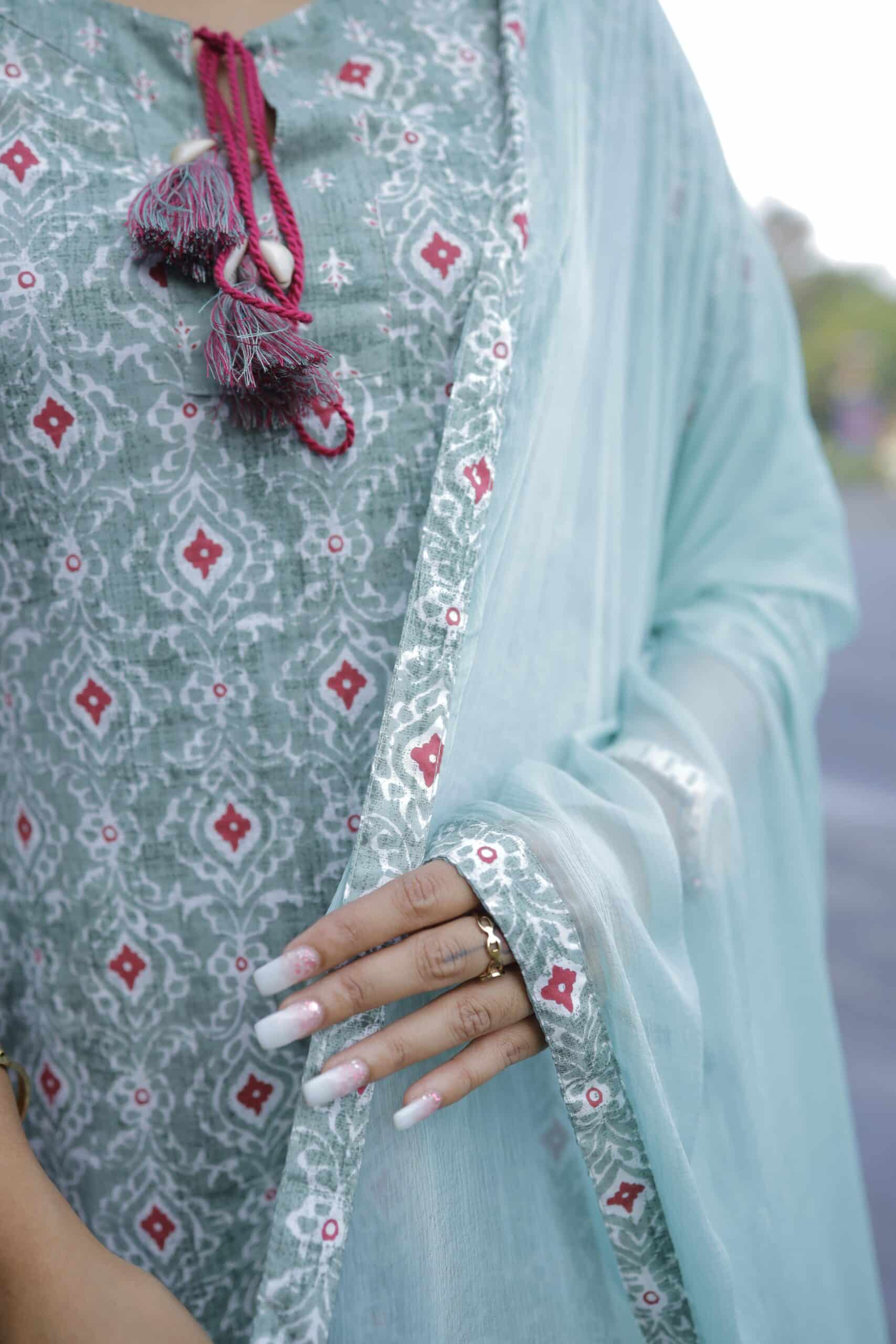 Sitalika - pastel green dabu handblock printed cotton suit set with chiffon dupatta