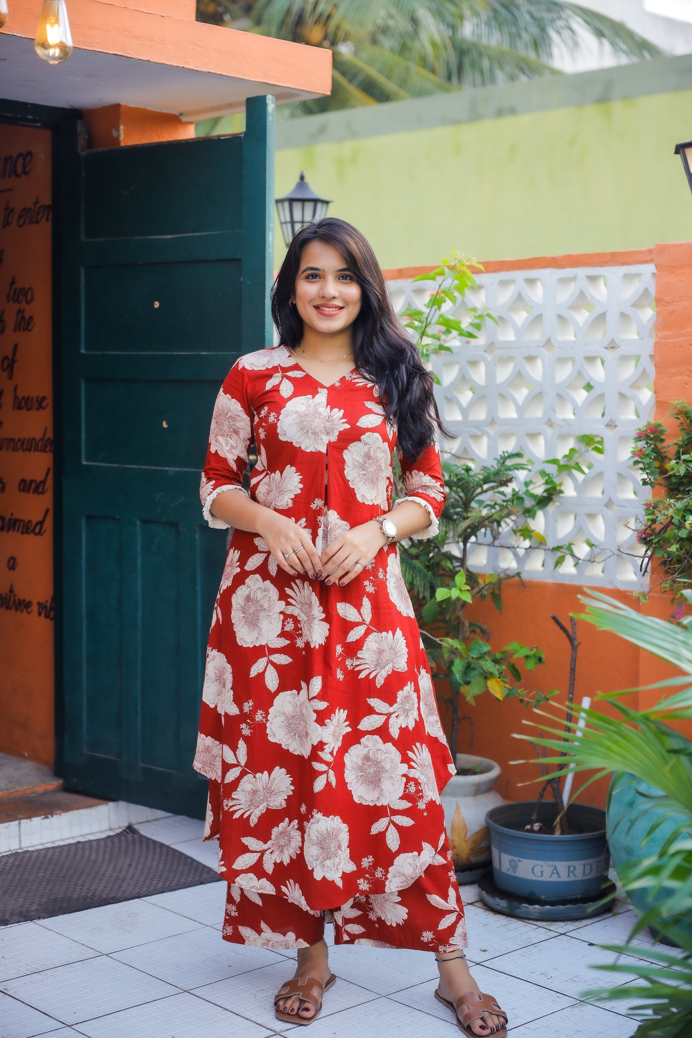 Sreshta - floral hand block printed cotton kurta set in red & white