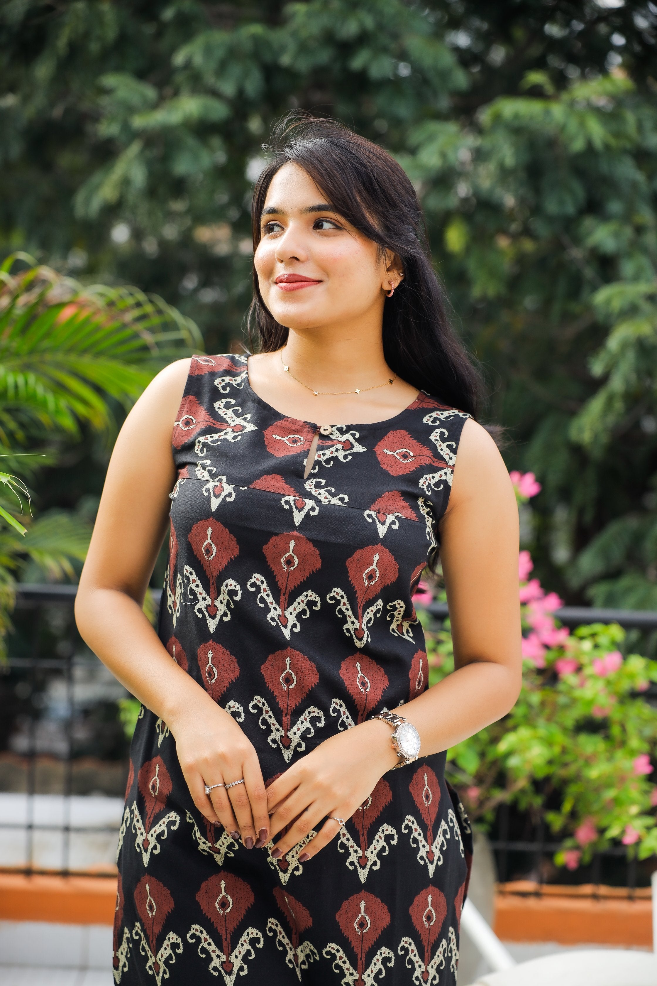 Ishta - ikkat hand block printed cotton kurta set in black & rust red