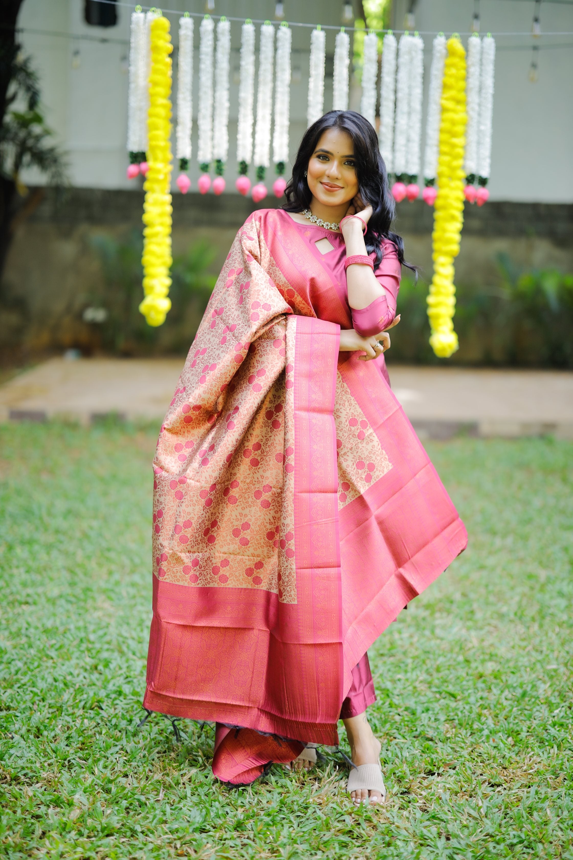 Kannama ( hot pink ) - vegan silk suit in hot pink & ivory gold which has rose motifs hand woven in gold zari