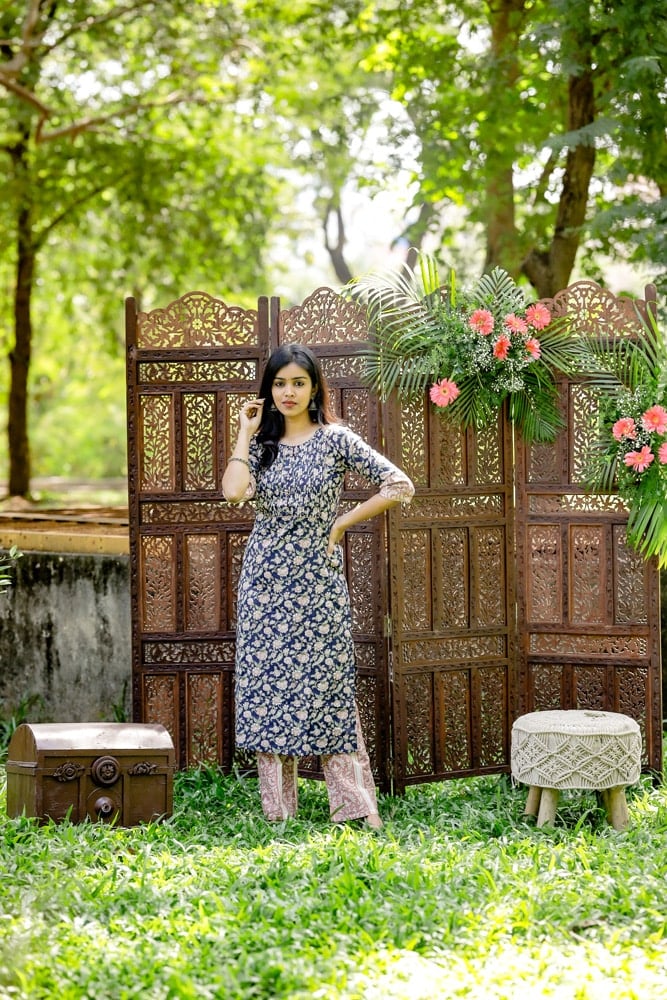 Damini -Floral hand block printed cotton kurta  with abstract floral printed trousers in navy blue and pink