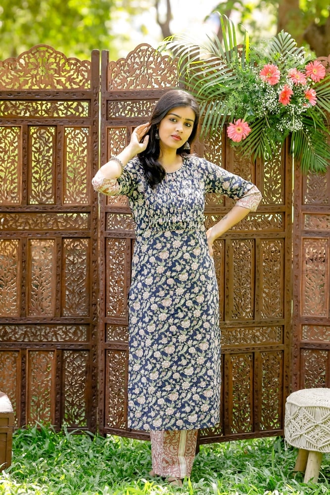 Damini -Floral hand block printed cotton kurta  with abstract floral printed trousers in navy blue and pink