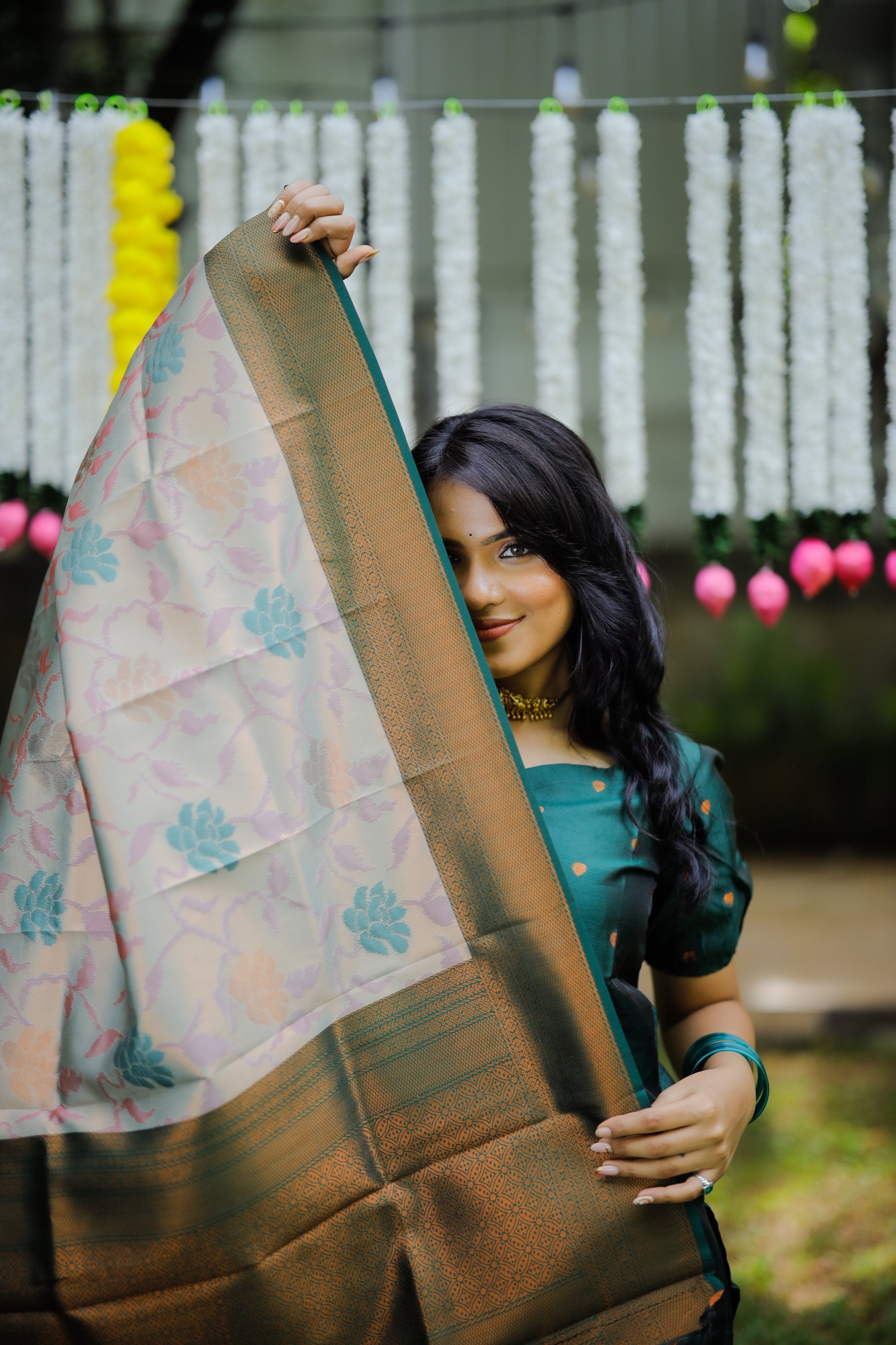 Kannama ( dark green ) - vegan silk suit in dark  & ivory gold which has floral motifs hand woven in gold zari