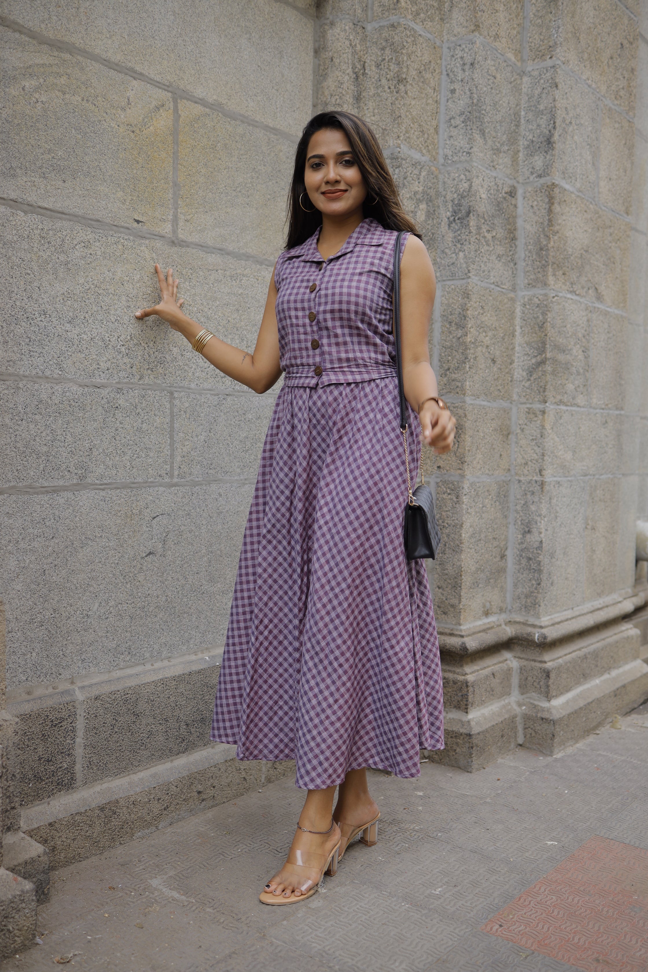 Natasha ( purple  )  - checked handloom cotton skirt set in purple