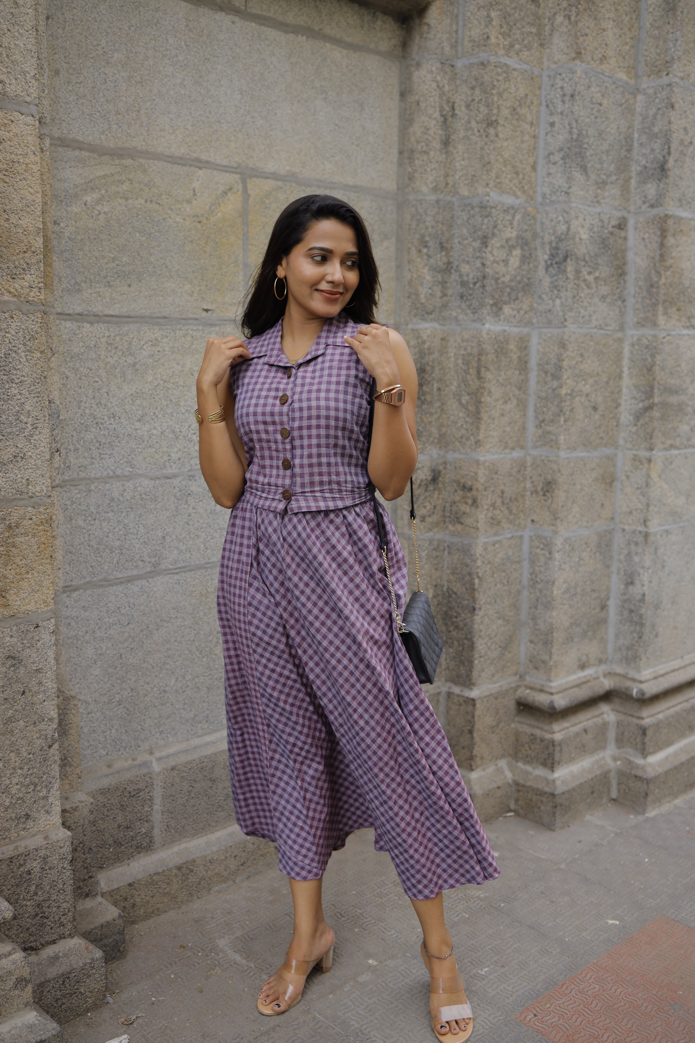 Natasha ( purple  )  - checked handloom cotton skirt set in purple