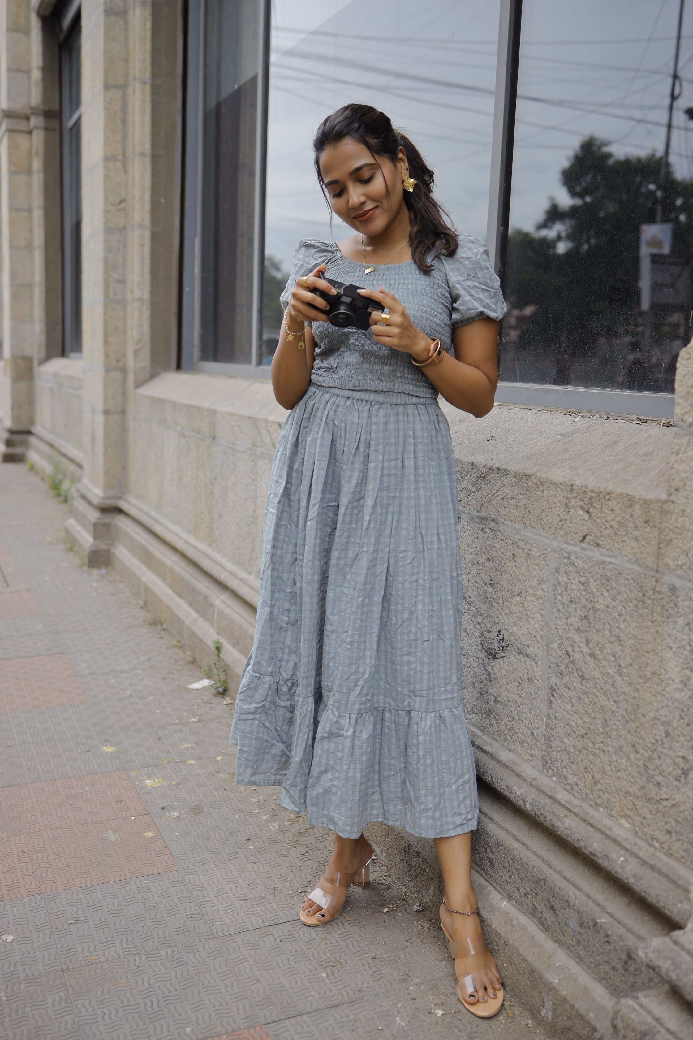 Natasha ( grey )  - checked handloom cotton skirt set in grey