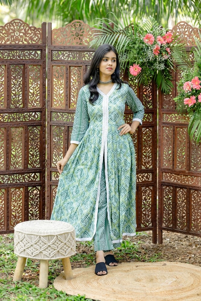 Dhwani - bandhani printed cotton anarkali suit set in green