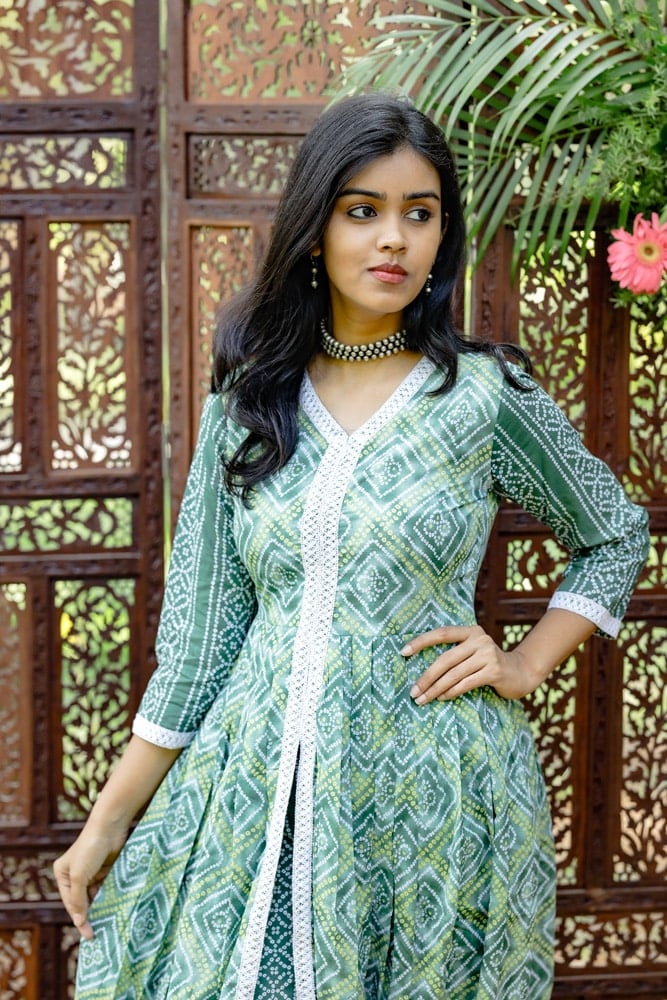 Dhwani - bandhani printed cotton anarkali suit set in green