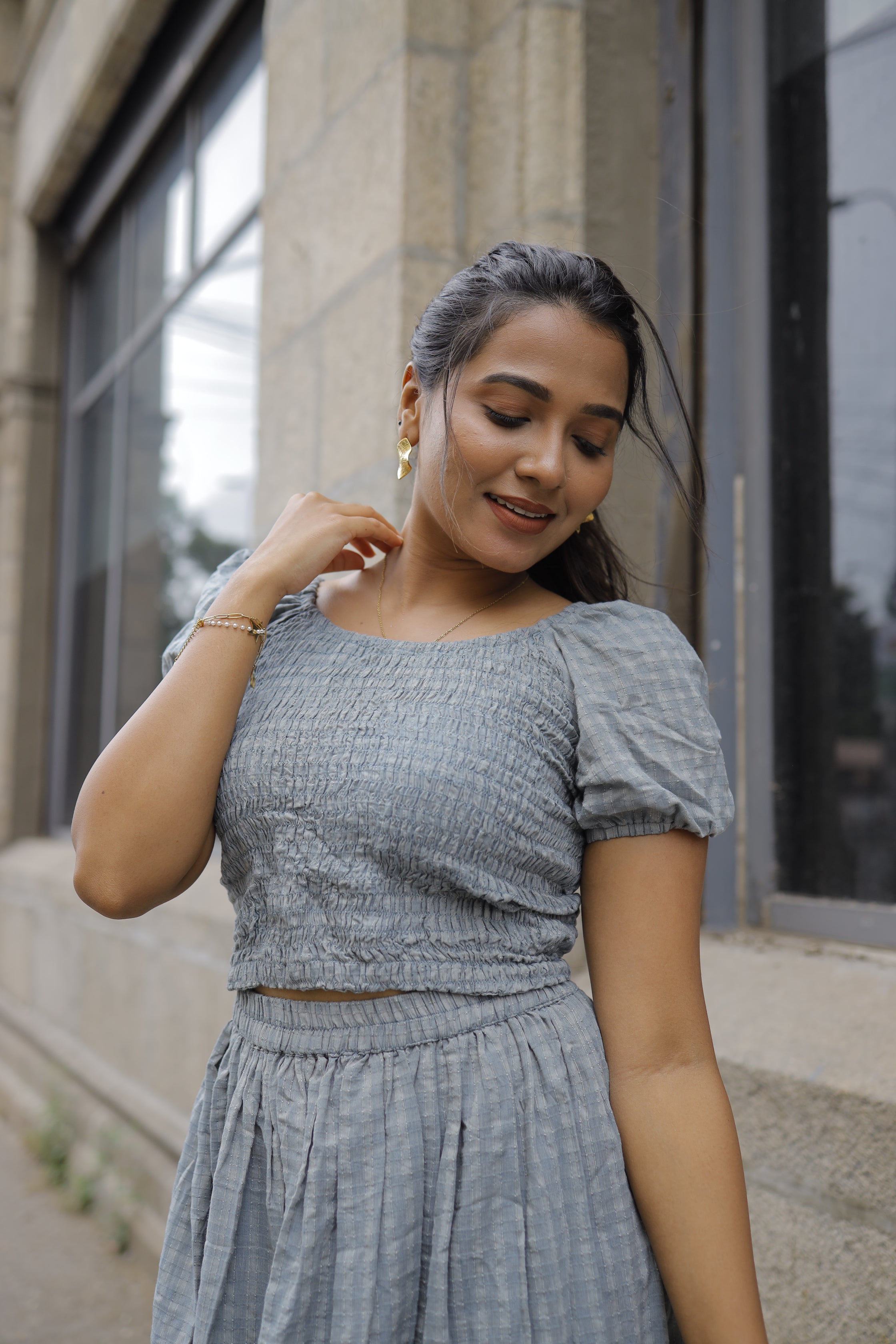 Natasha ( grey )  - checked handloom cotton skirt set in grey