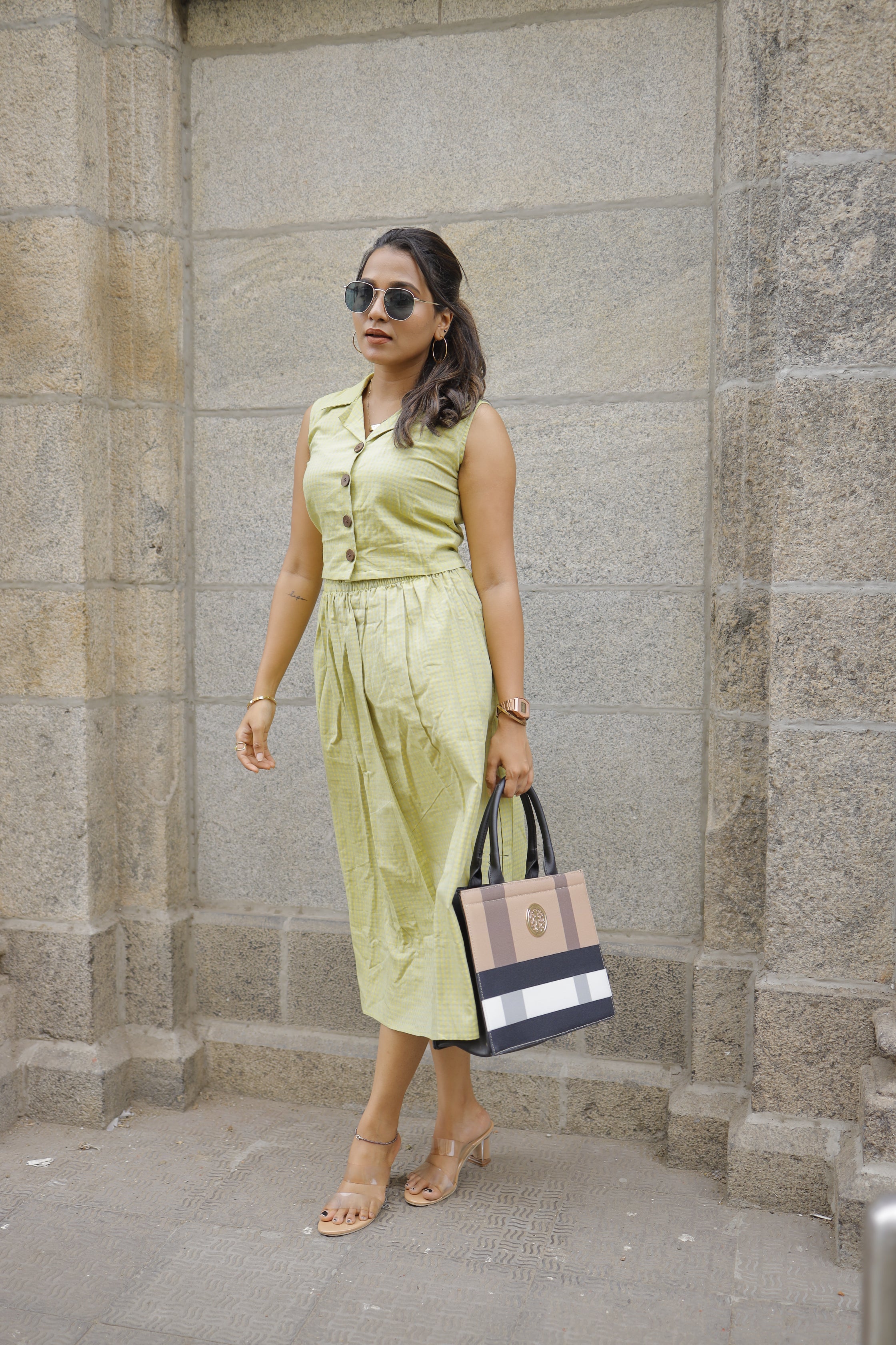 Natasha ( green )  - checked handloom cotton skirt set in lime green