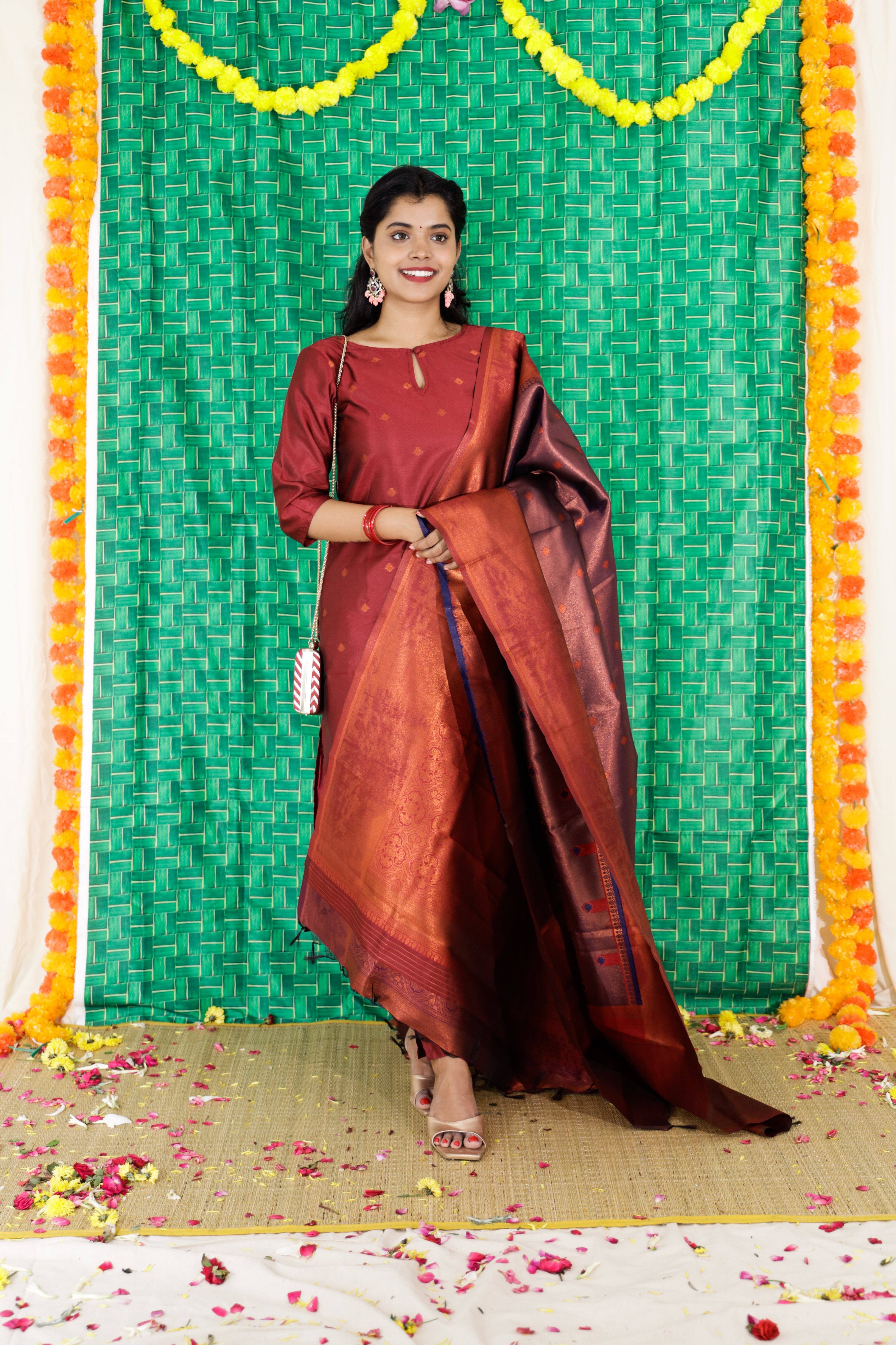 Nakshathra -  semi kanchi  3 pc vegan silk suit set Red