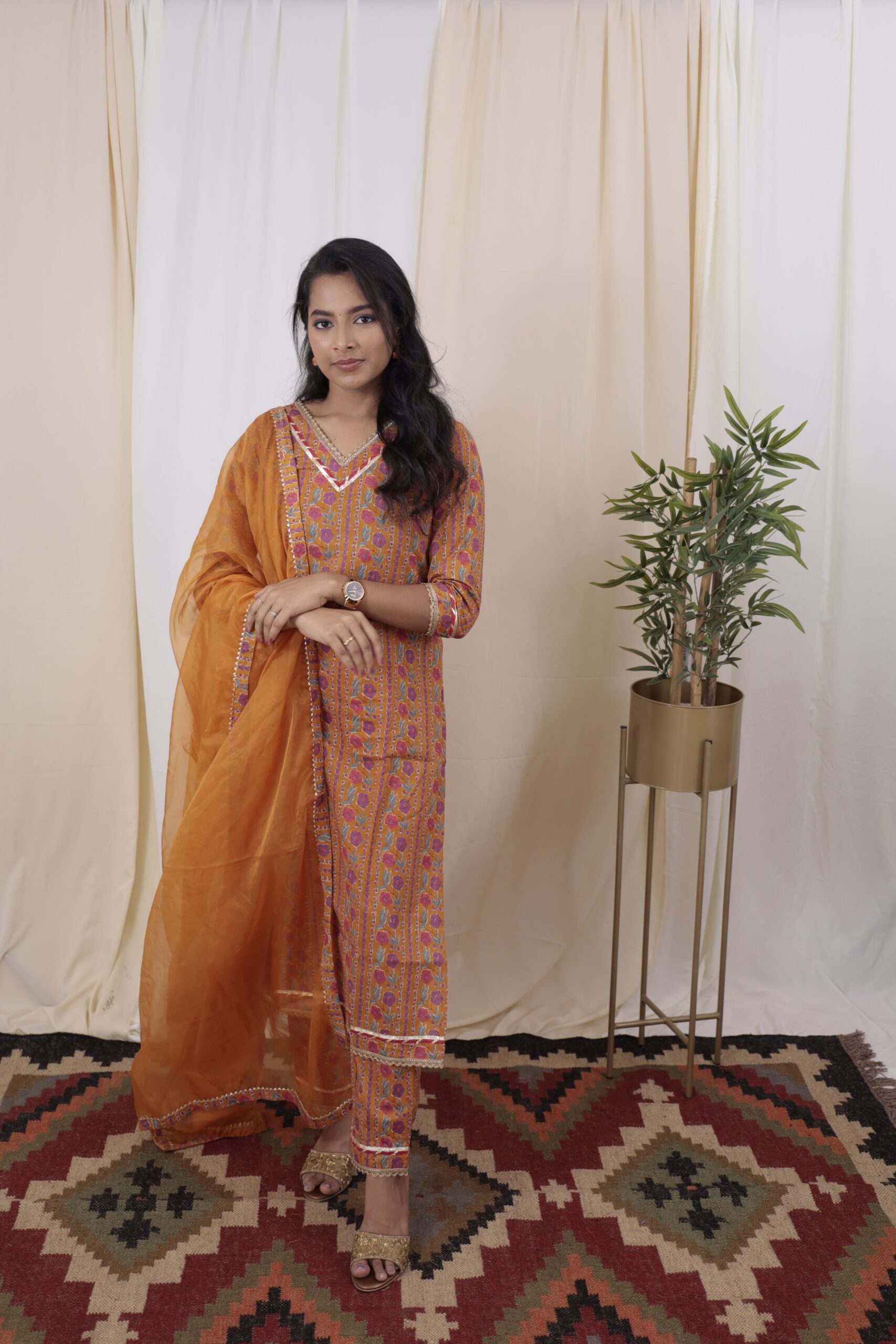 Arpana - cotton suit set with organza dupatta in orange