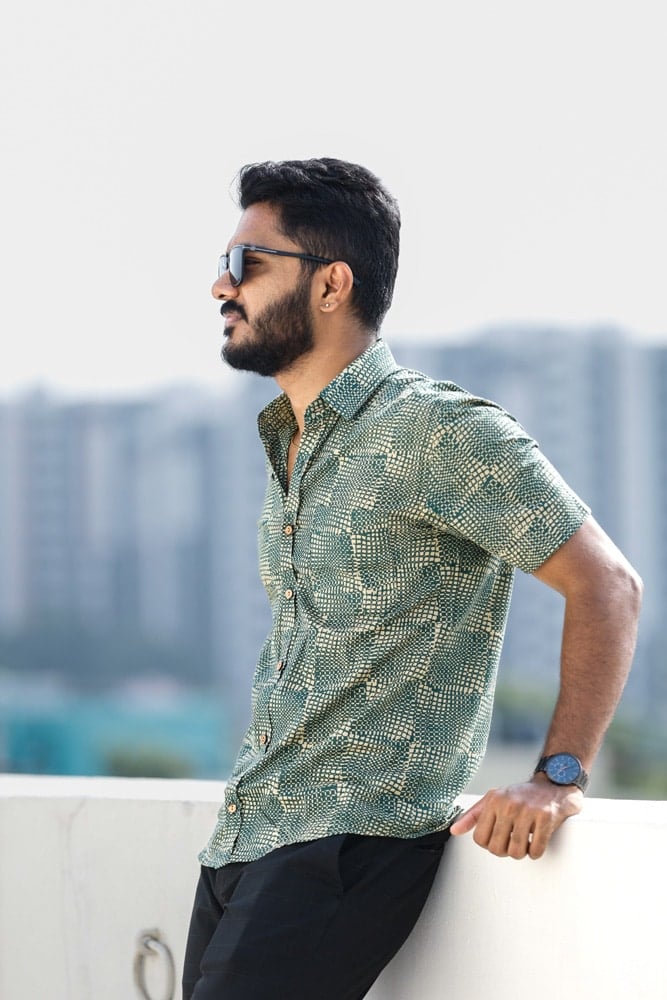 Shirt - 10 -  handblock  Shibori abstract printed organic cotton shirt in green