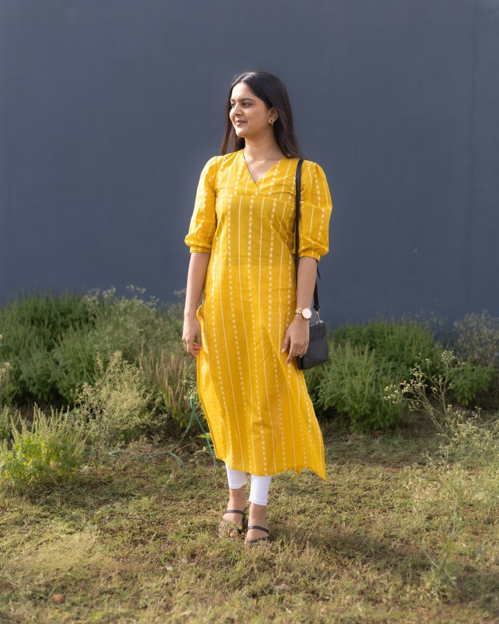 Pattern kurti 21 - Handloom cotton kurti in yellow & white