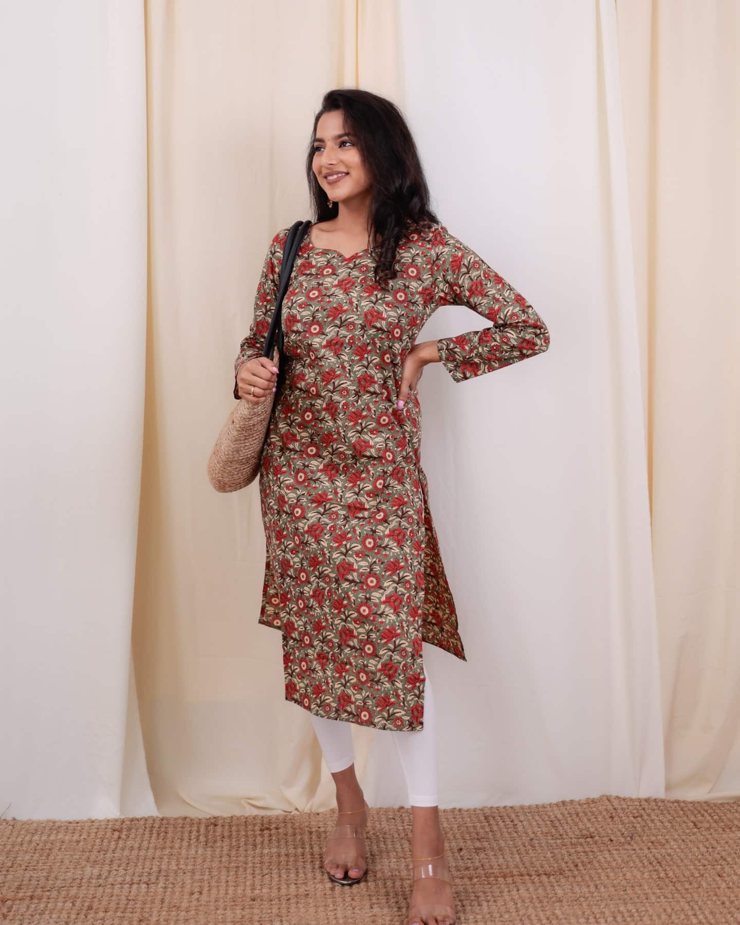 Kurti - 45 - hand block floral printed organic mul cotton kurta in green and rust red