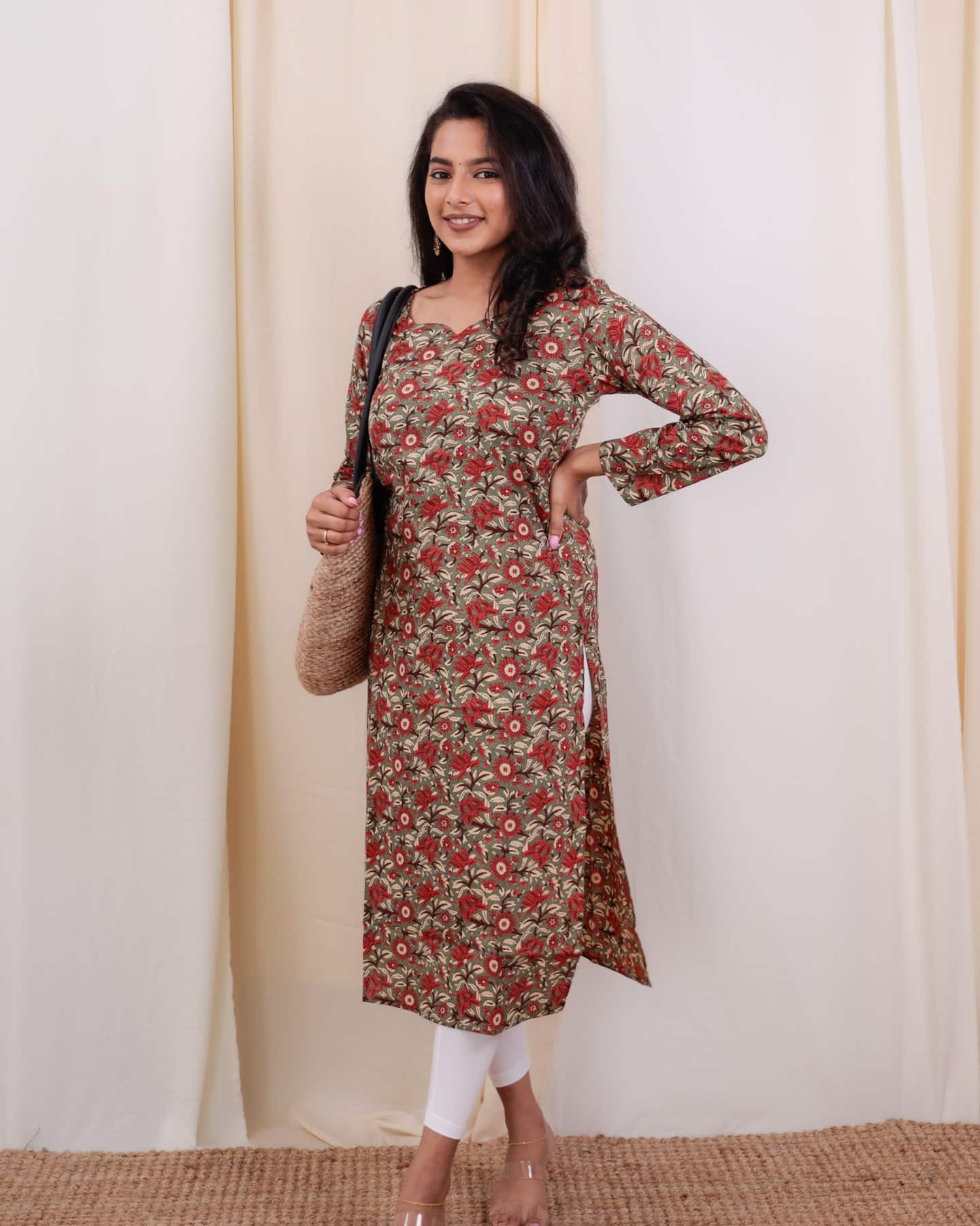 Kurti - 45 - hand block floral printed organic mul cotton kurta in green and rust red