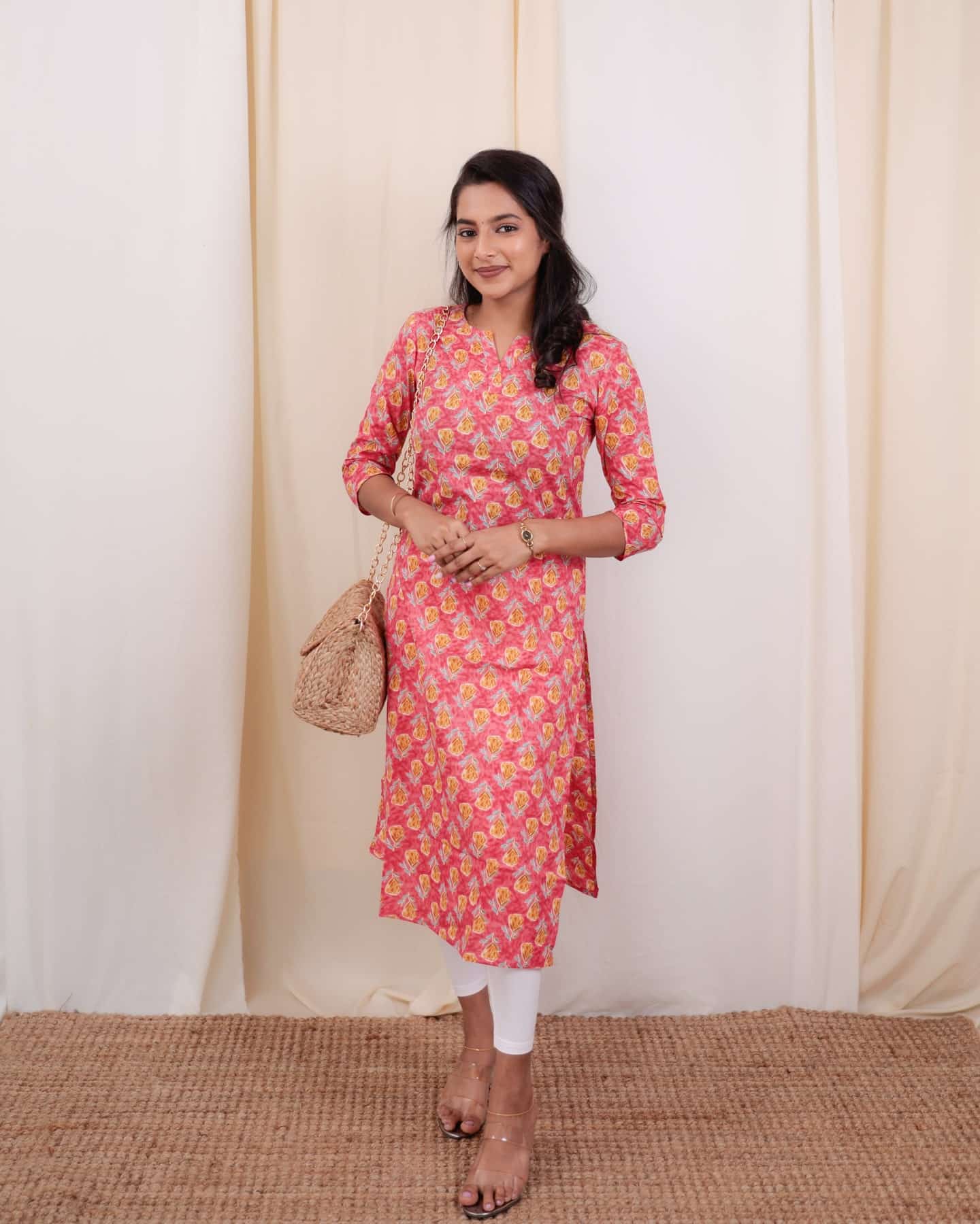 Kurti  - 42 - hand block floral printed organic mul cotton kurta in pink and yellow