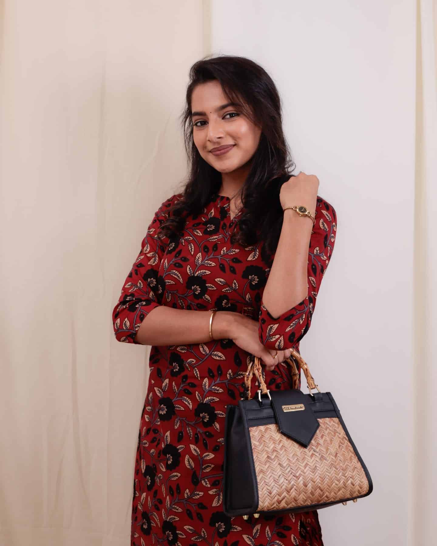 Kurti - 43 - hand block floral printed organic mul cotton kurta in red and black