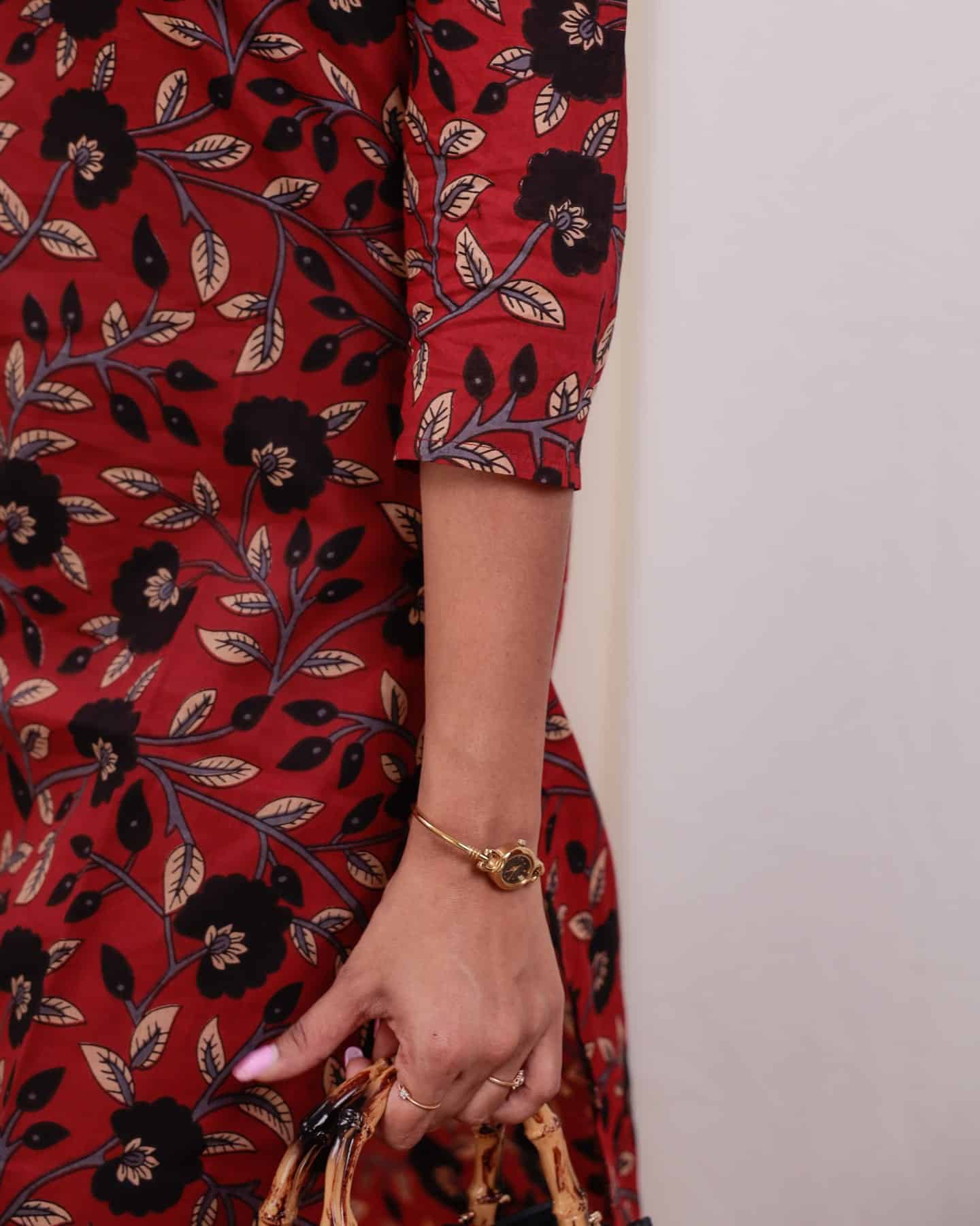Kurti - 43 - hand block floral printed organic mul cotton kurta in red and black