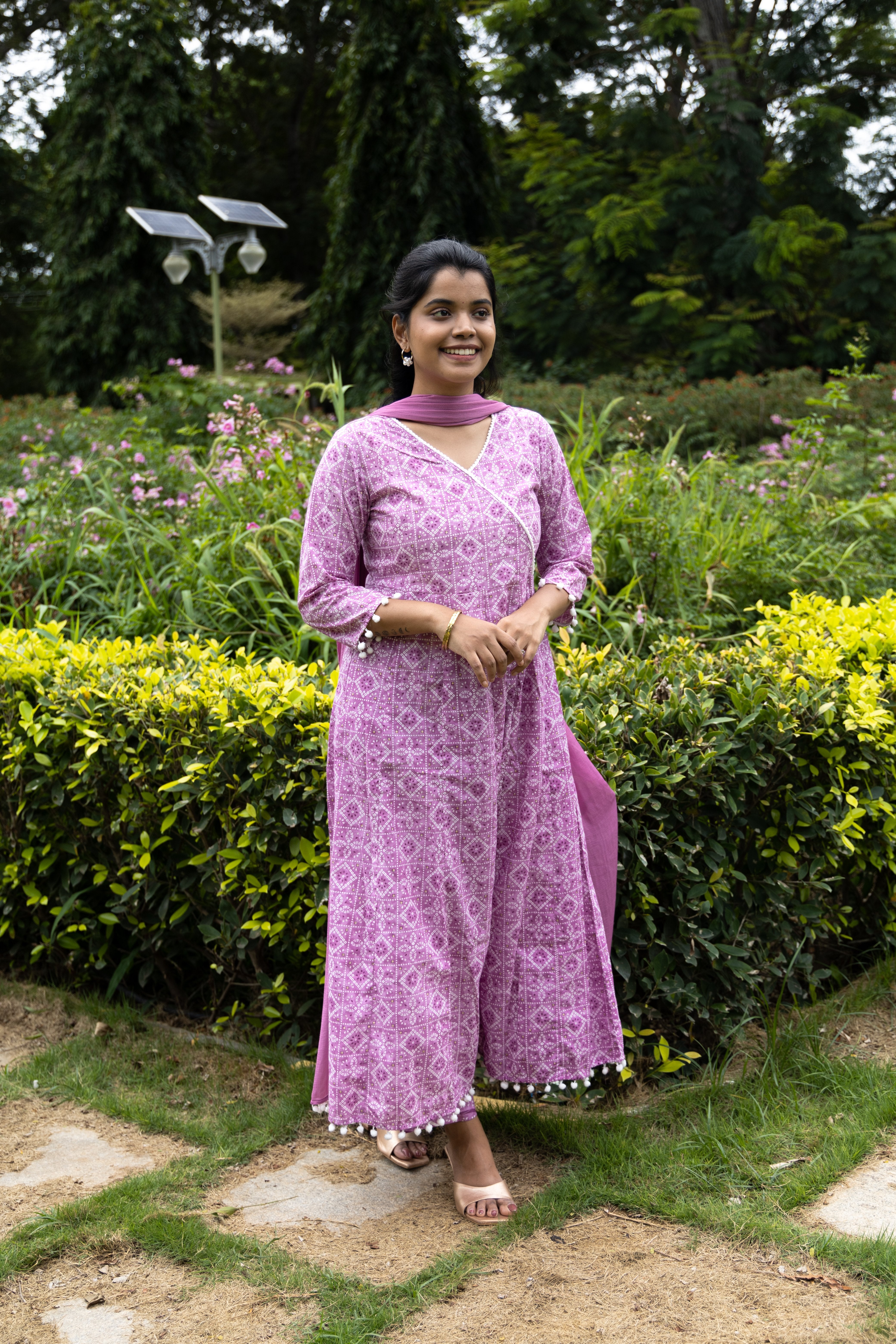 Padmashri - pink anarkali cotton suit set with chiffon dupatta with tassels