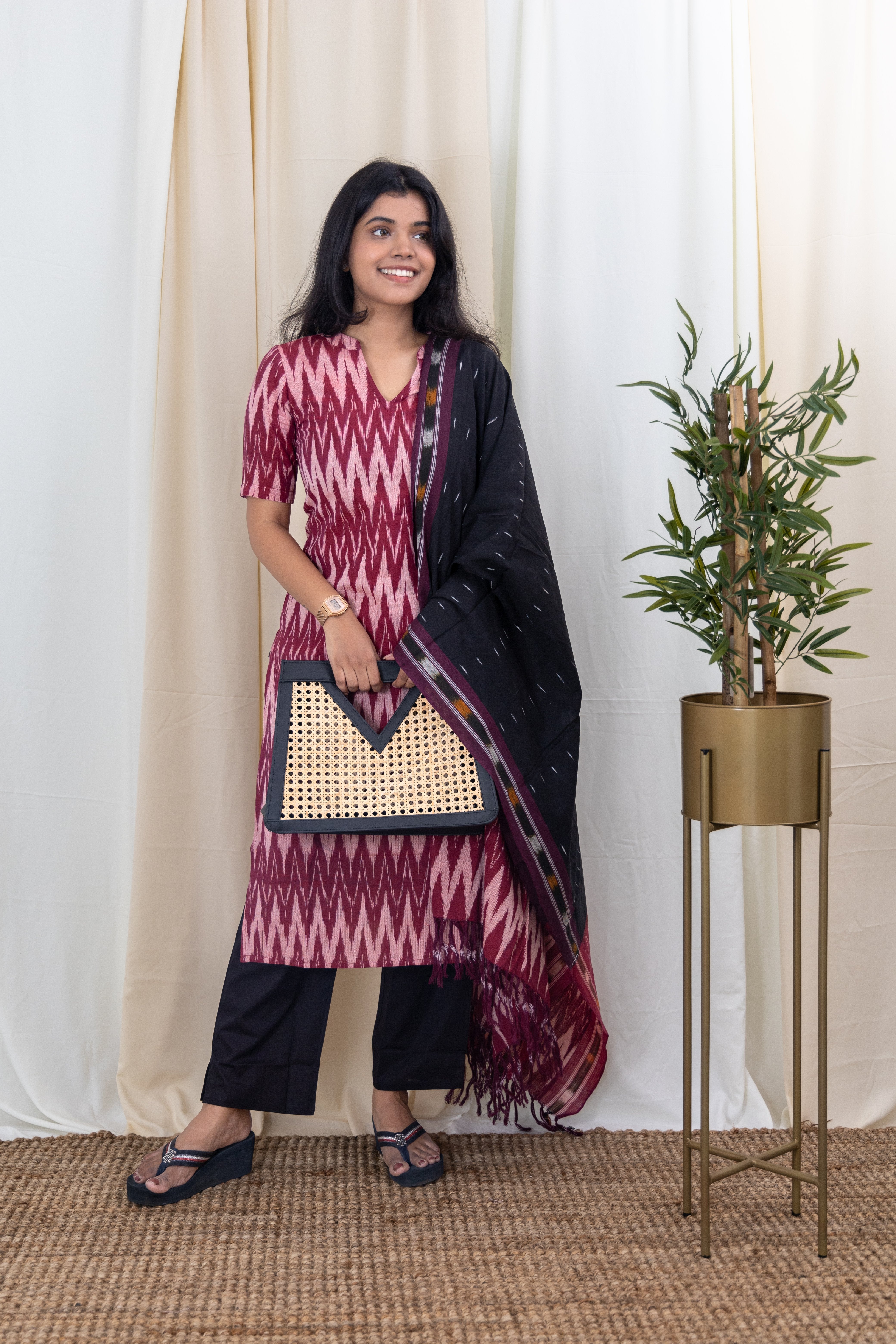 Pranathi - handloom pochampally ikkat cotton suit set in maroon and black with matching dupatta