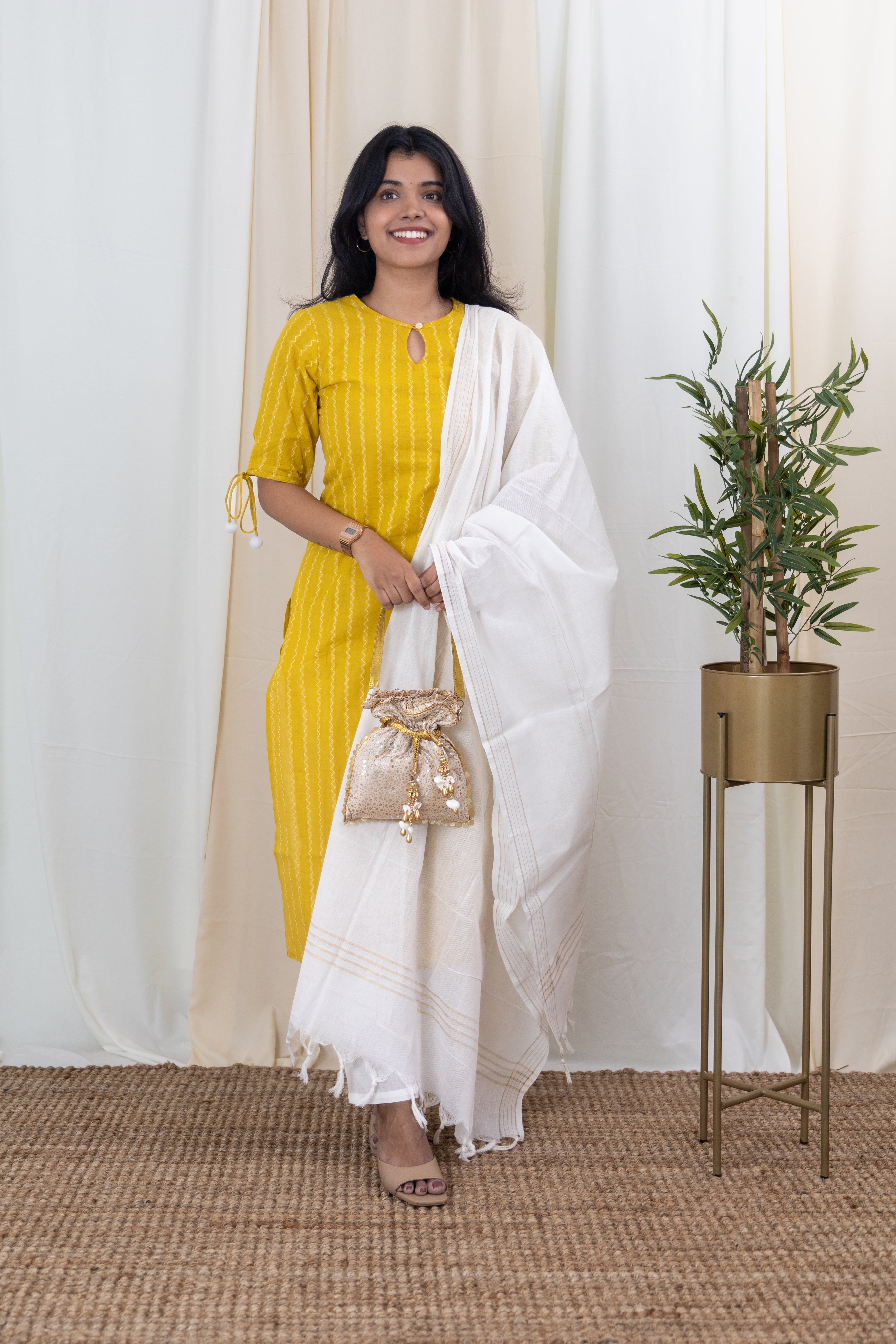 Meghna - handloom cotton suit set in yellow and white with kota dupatta