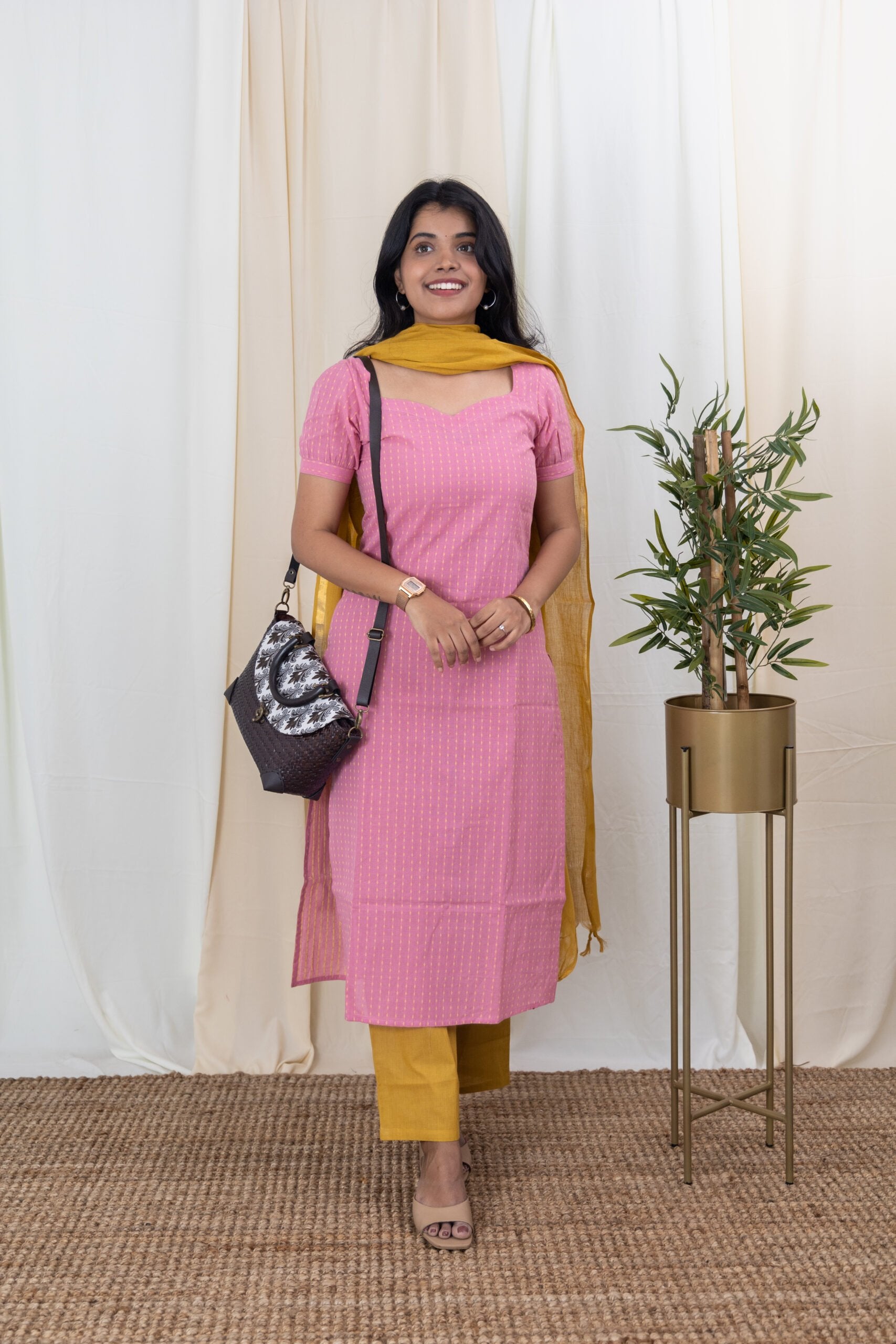 Raani - handloom cotton suit set with kota silk zari dupatta in pink and sandalwood