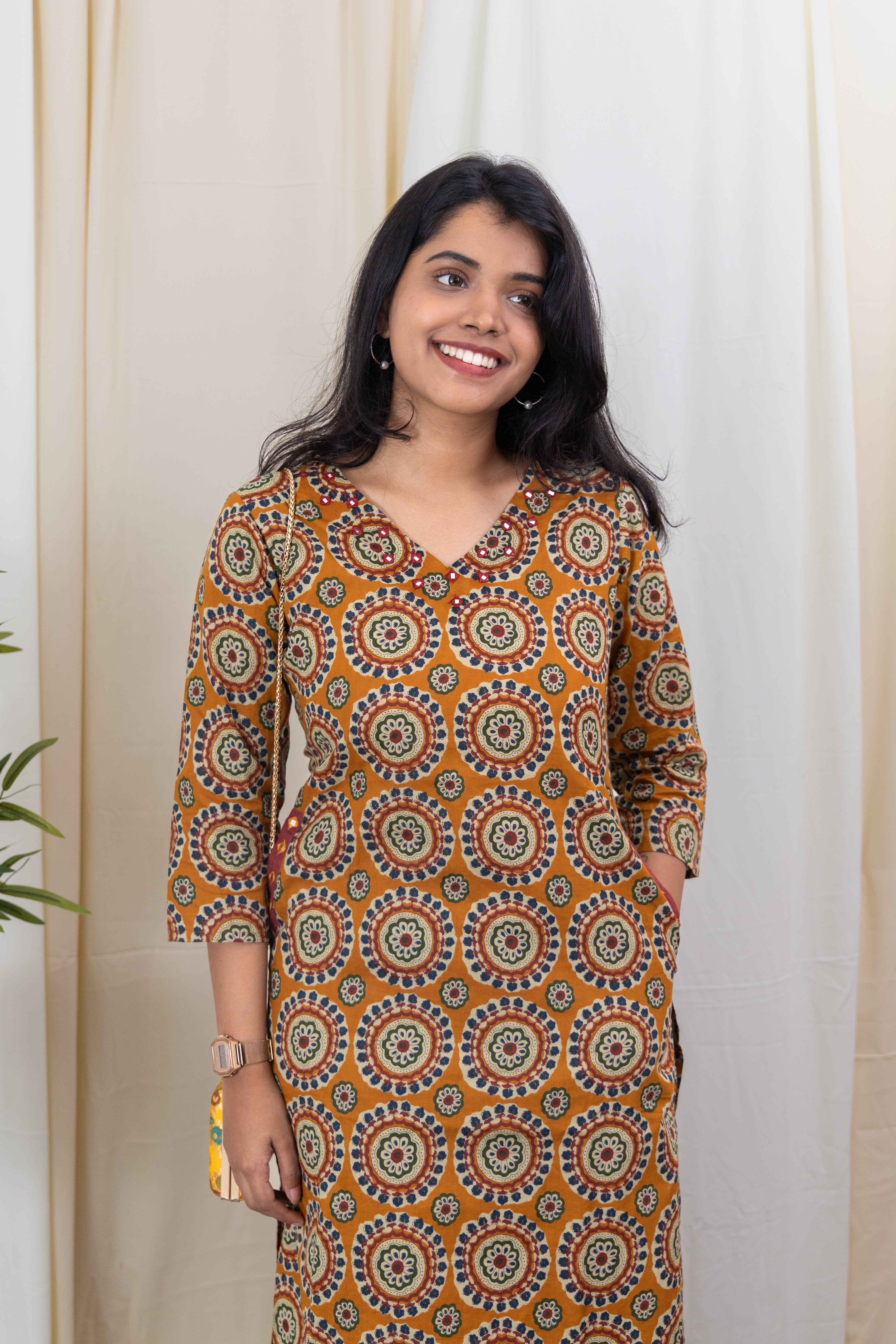 Mandala -  mandala hand block printed  organic cotton kurta set in mustard yellow and red