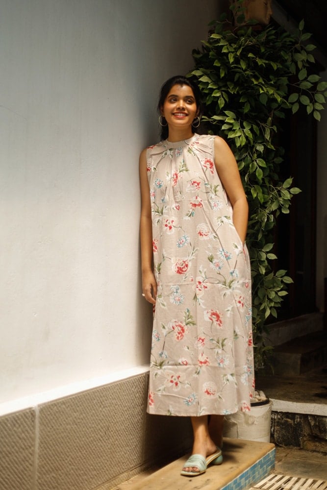 Dress 22 - organic cotton with hand block printed dress in beige