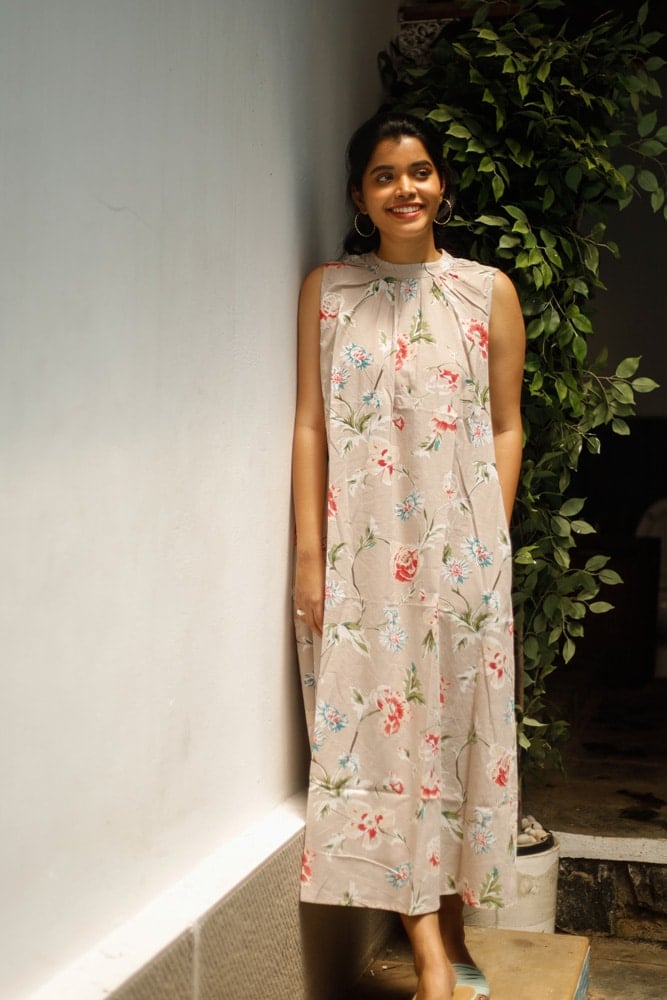 Dress 22 - organic cotton with hand block printed dress in beige