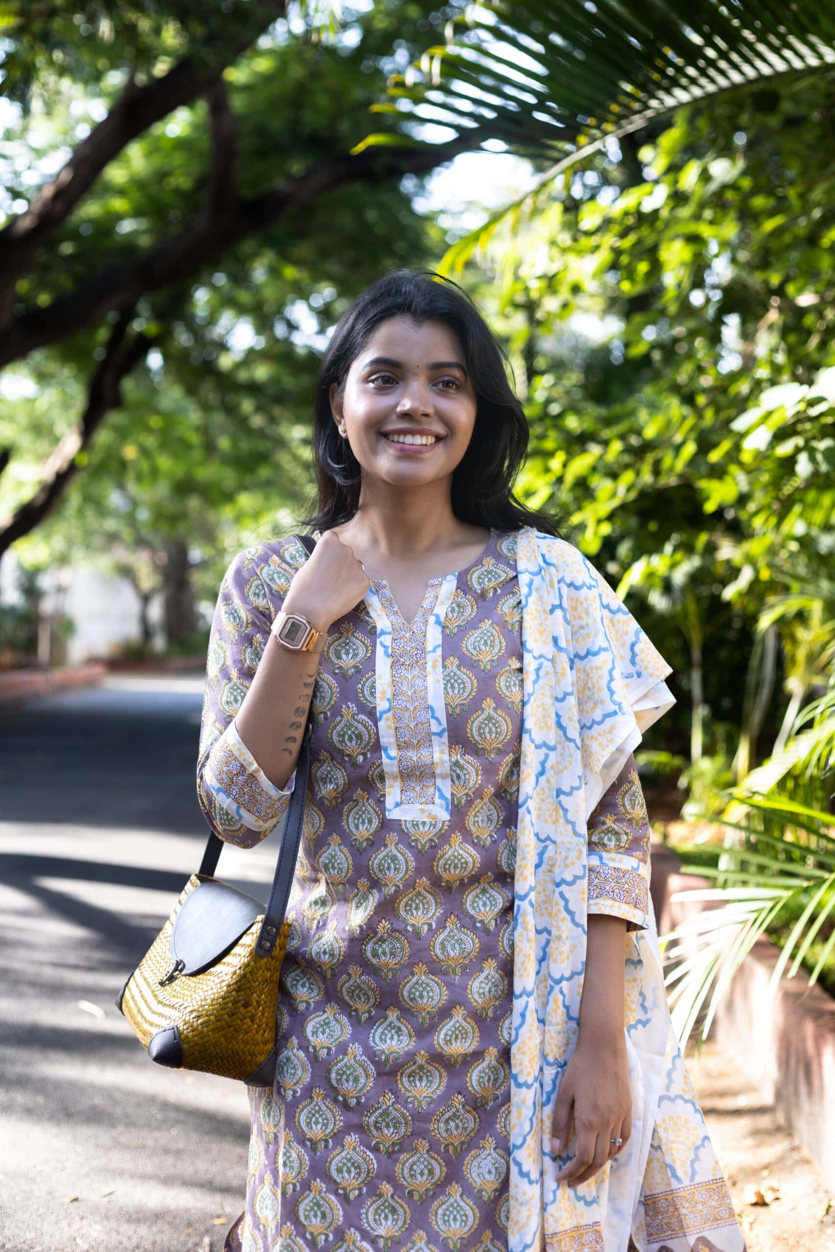 Mitali( mauve ) - Floral Motifs Hand Block Printed Cotton Suit Set In Mauve  And White With Matching Dupatta With Tassels