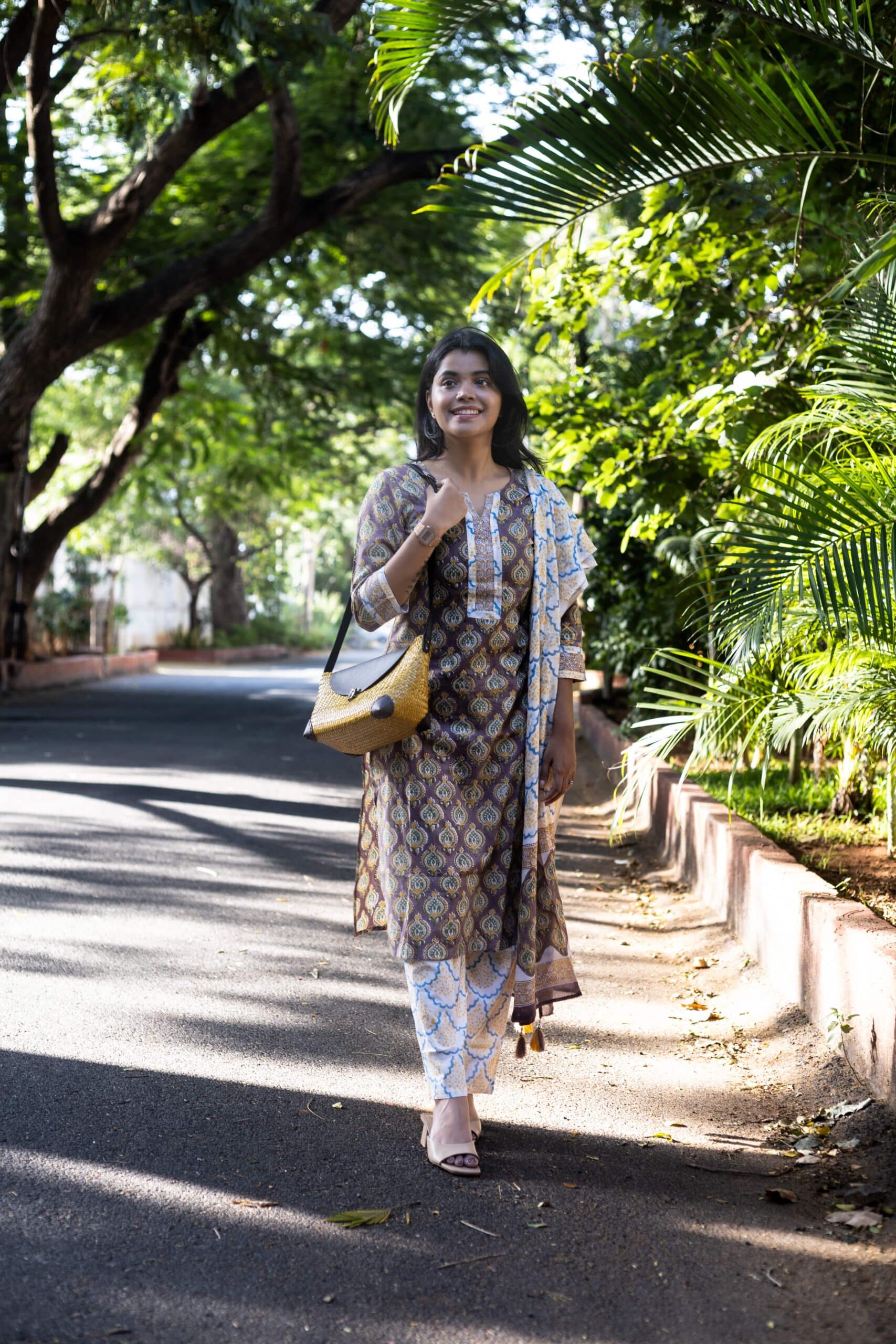 Mitali( mauve ) - Floral Motifs Hand Block Printed Cotton Suit Set In Mauve  And White With Matching Dupatta With Tassels