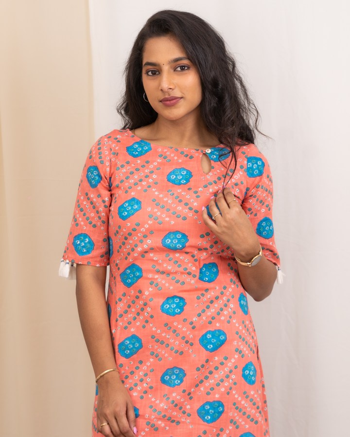 Pattern kurti 22 - Bandhani printed cotton kurti in peach & blue