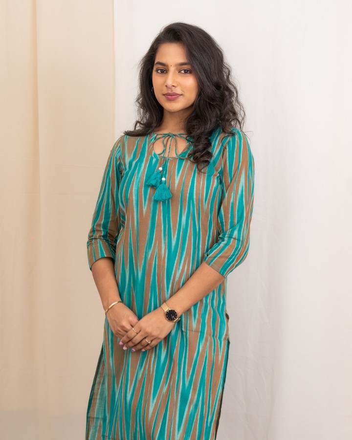 Pattern kurti 19 - Handloom ikkat cotton kurti in sea green