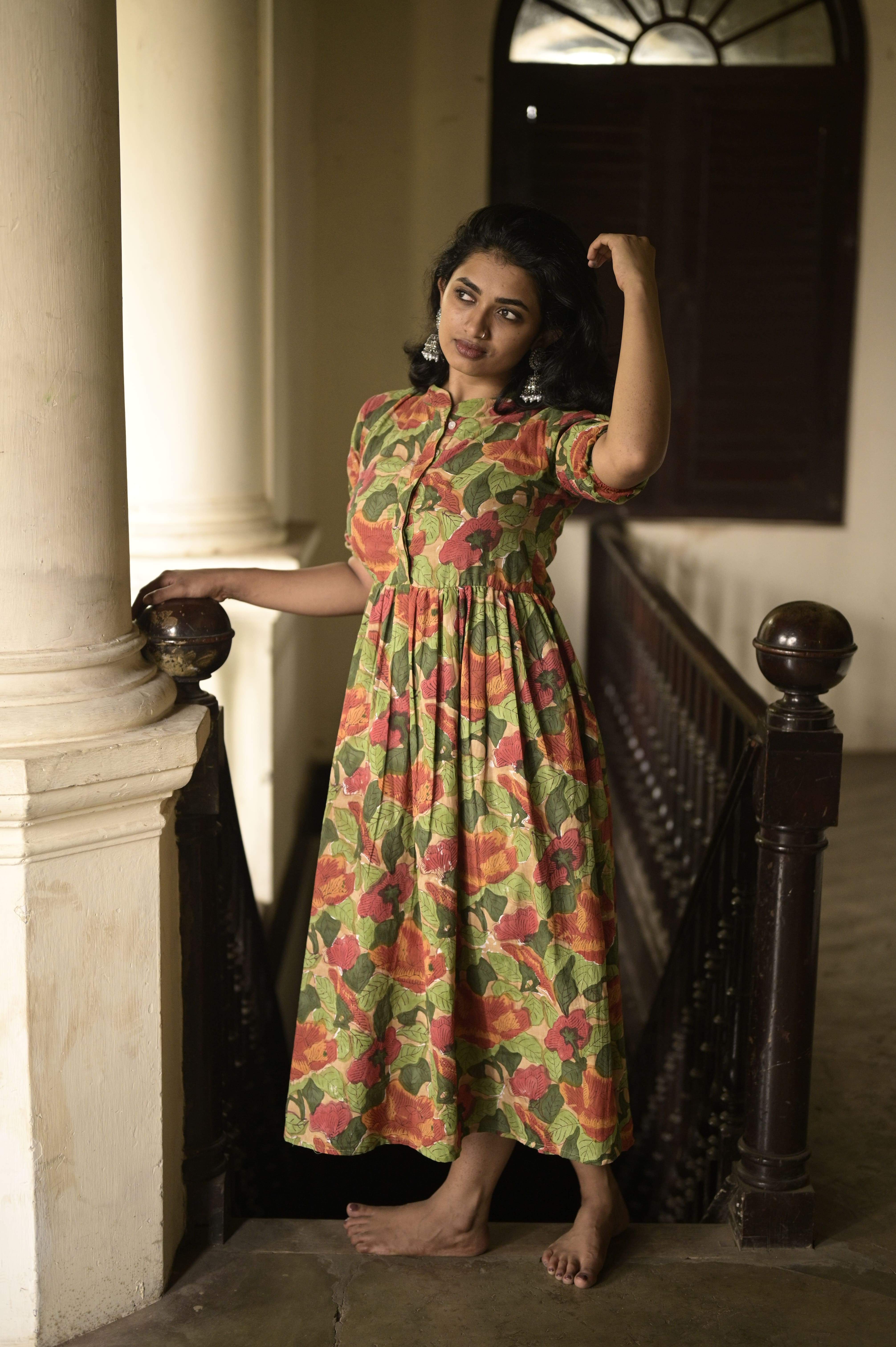 Amanda - Multi coloured floral hand block printed  cotton dress