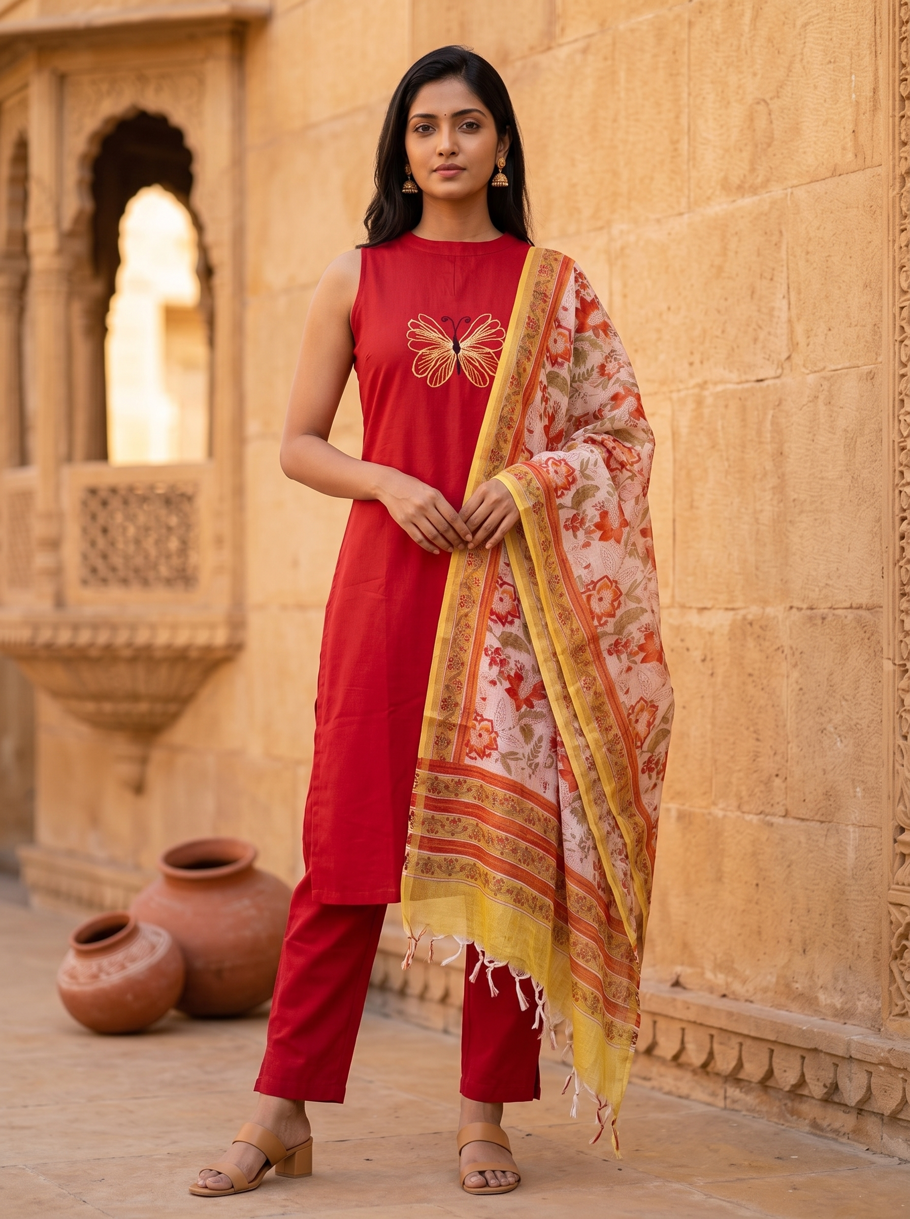 Shamshya (Red) - Linen Cotton Flex Kurta Set with Botanical Chanderi Dupatta in Crimson Red