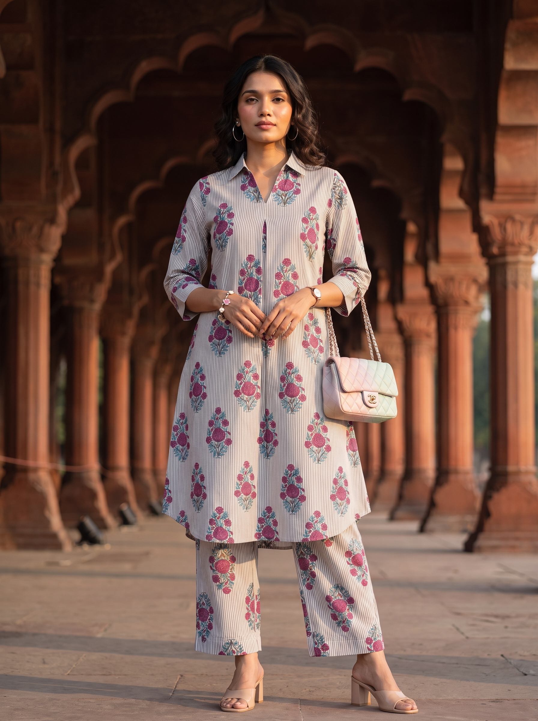 Vanya Co-ord Set – Floral pattern handloom cotton Co-ord Set in Grey