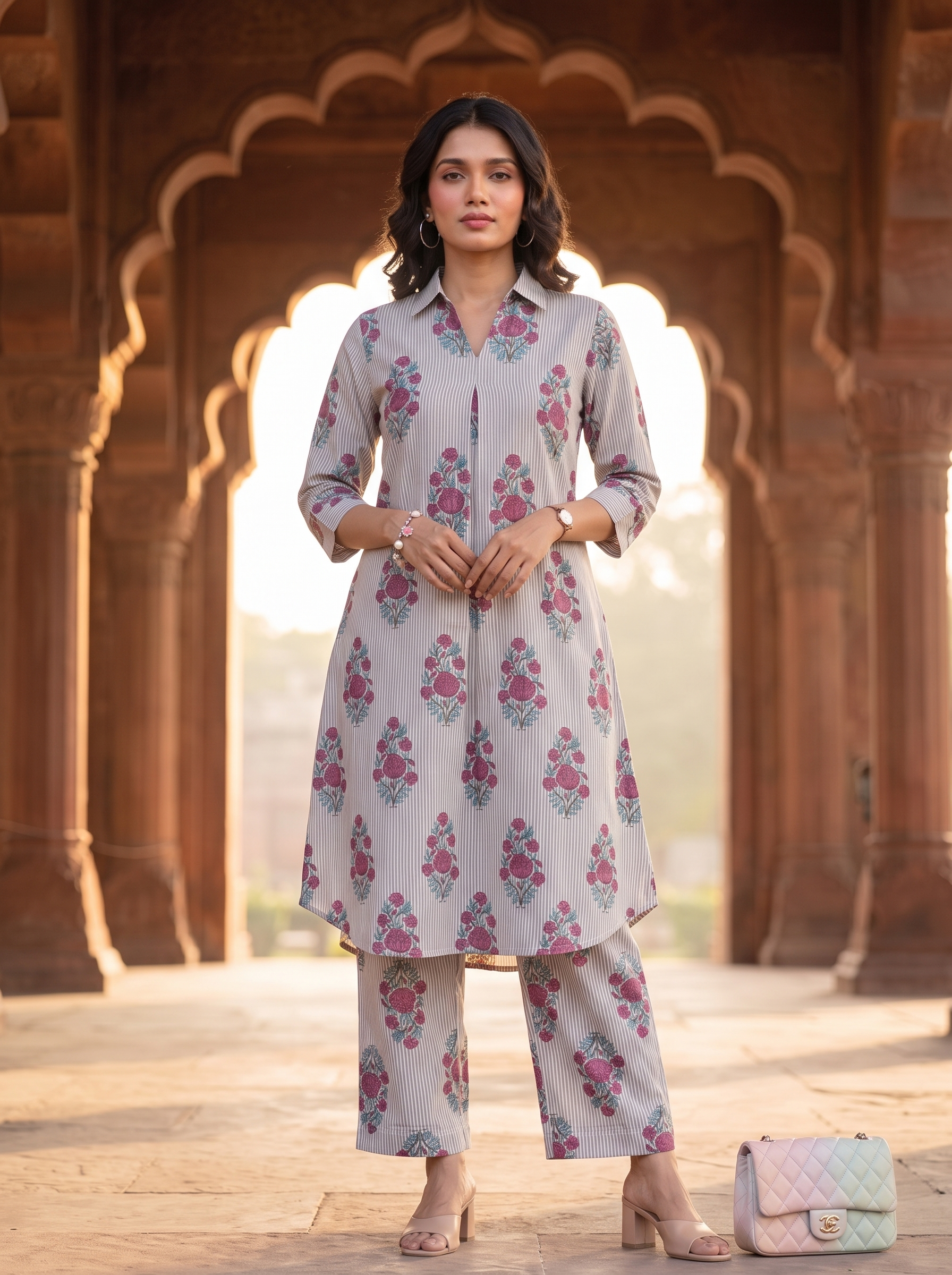 Vanya Co-ord Set – Floral pattern handloom cotton Co-ord Set in Grey