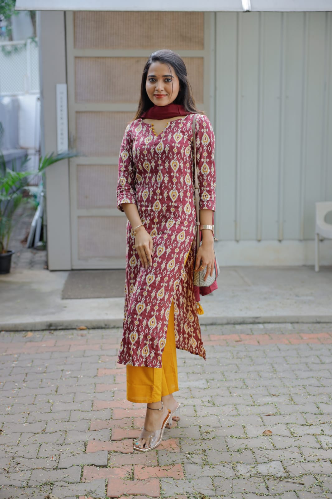 Eesha - katha embroidered cotton kurta set in wine and yellow with kota dupatta with tassels