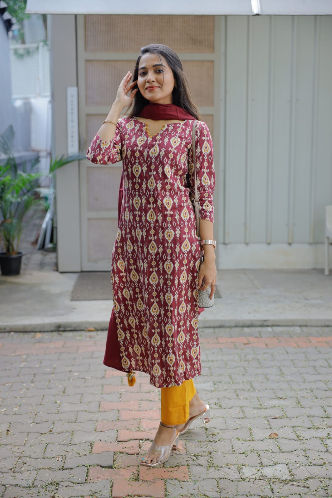 Eesha - katha embroidered cotton kurta set in wine and yellow with kota dupatta with tassels