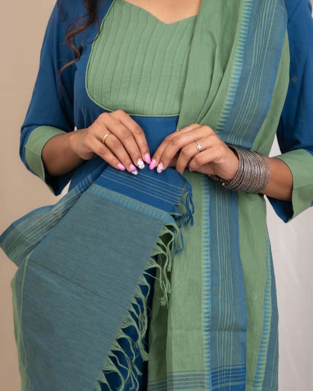 Charanya - Handloom cotton suit set in blue and green with handloom cotton dupatta