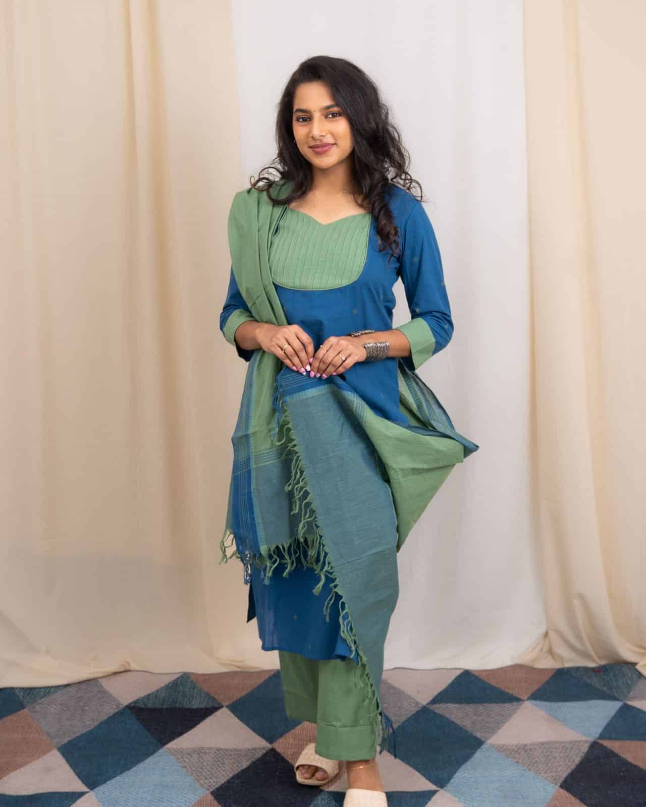 Charanya - Handloom cotton suit set in blue and green with handloom cotton dupatta