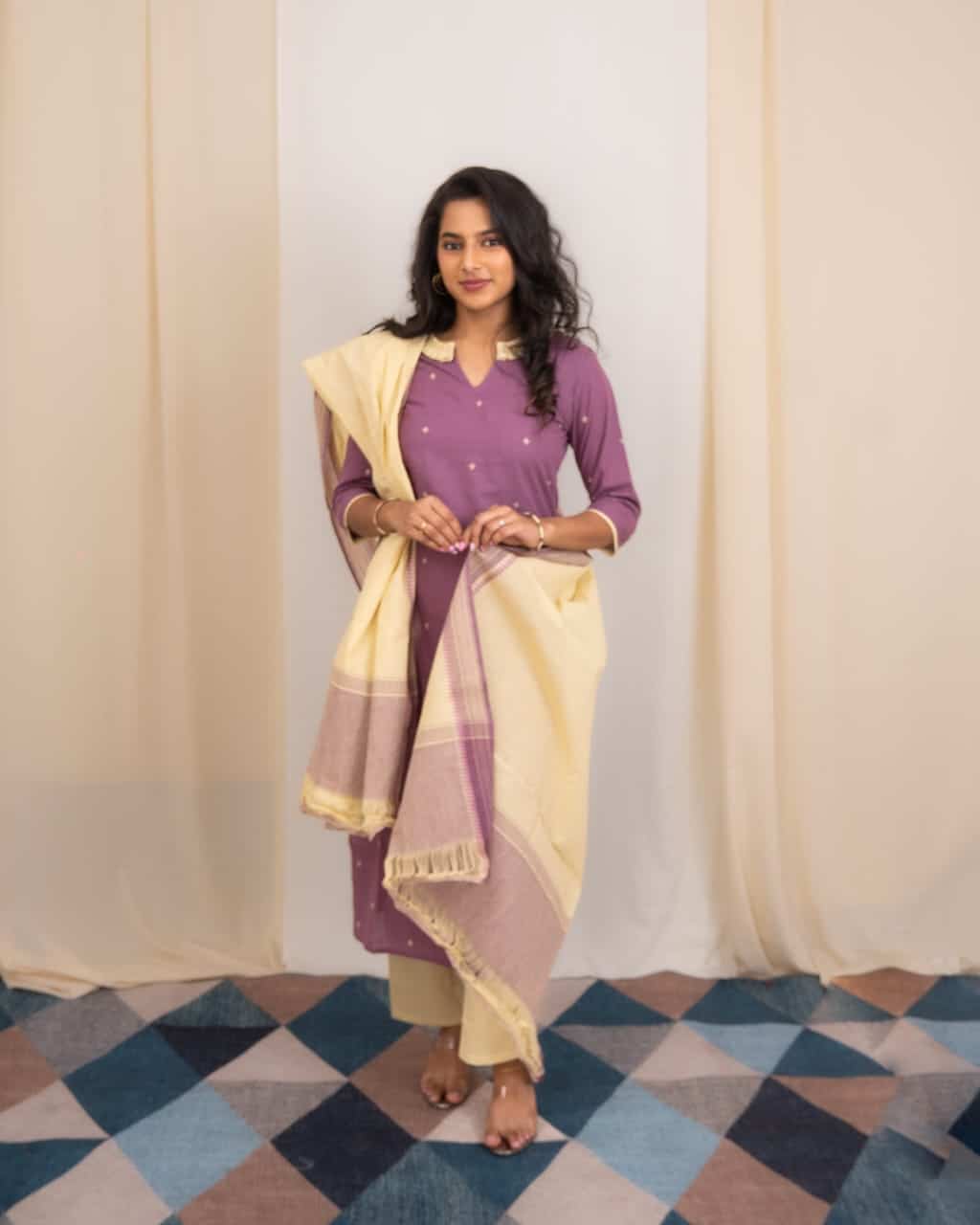 Punya - Handloom cotton suit set in purple and sandal yellow with handloom cotton dupatta