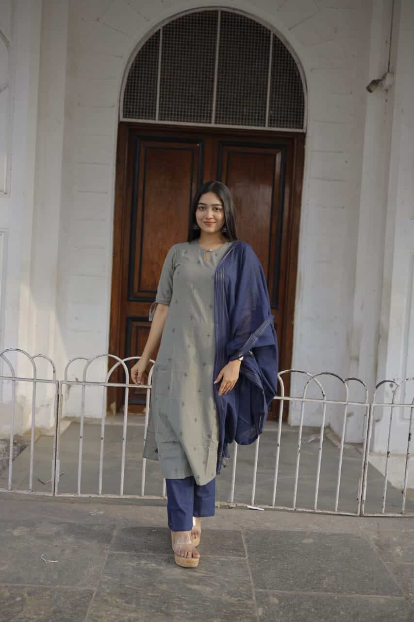 Meghna (Grey) - handloom cotton suit set in Grey and blue with kota dupatta