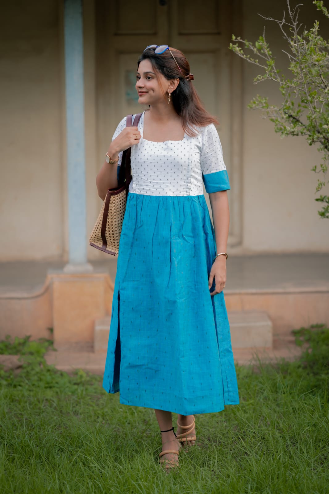 Dress 12 - Chanderi cotton dress in white and blue